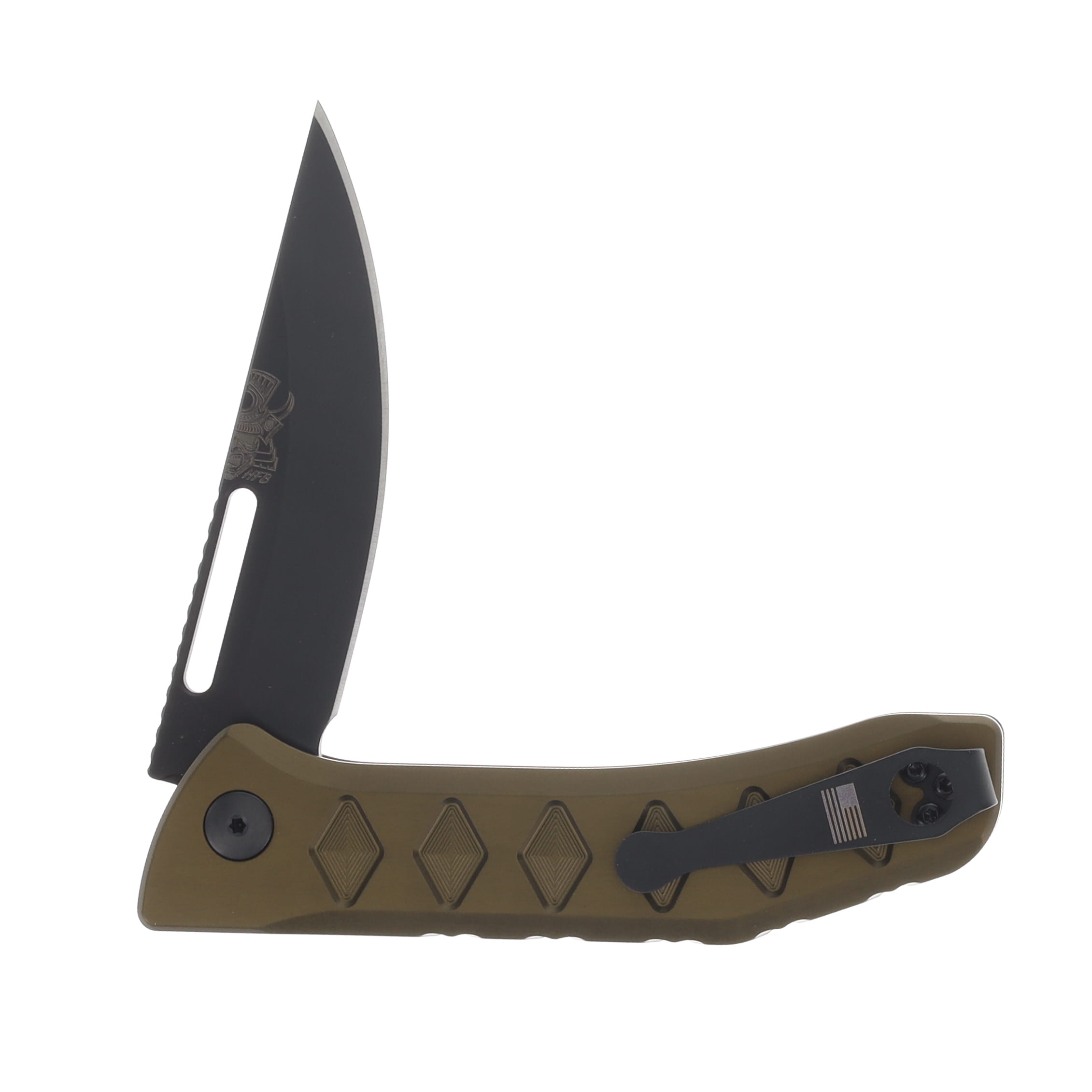 Half Face Custom Kwaiken Folder Red Dragon Camoquartz and Desert Ironwood Inlay Anodized Green Handle Black Nitride Blade Textured Grip HFCUSTKWAIKENFDRDDRG View 4