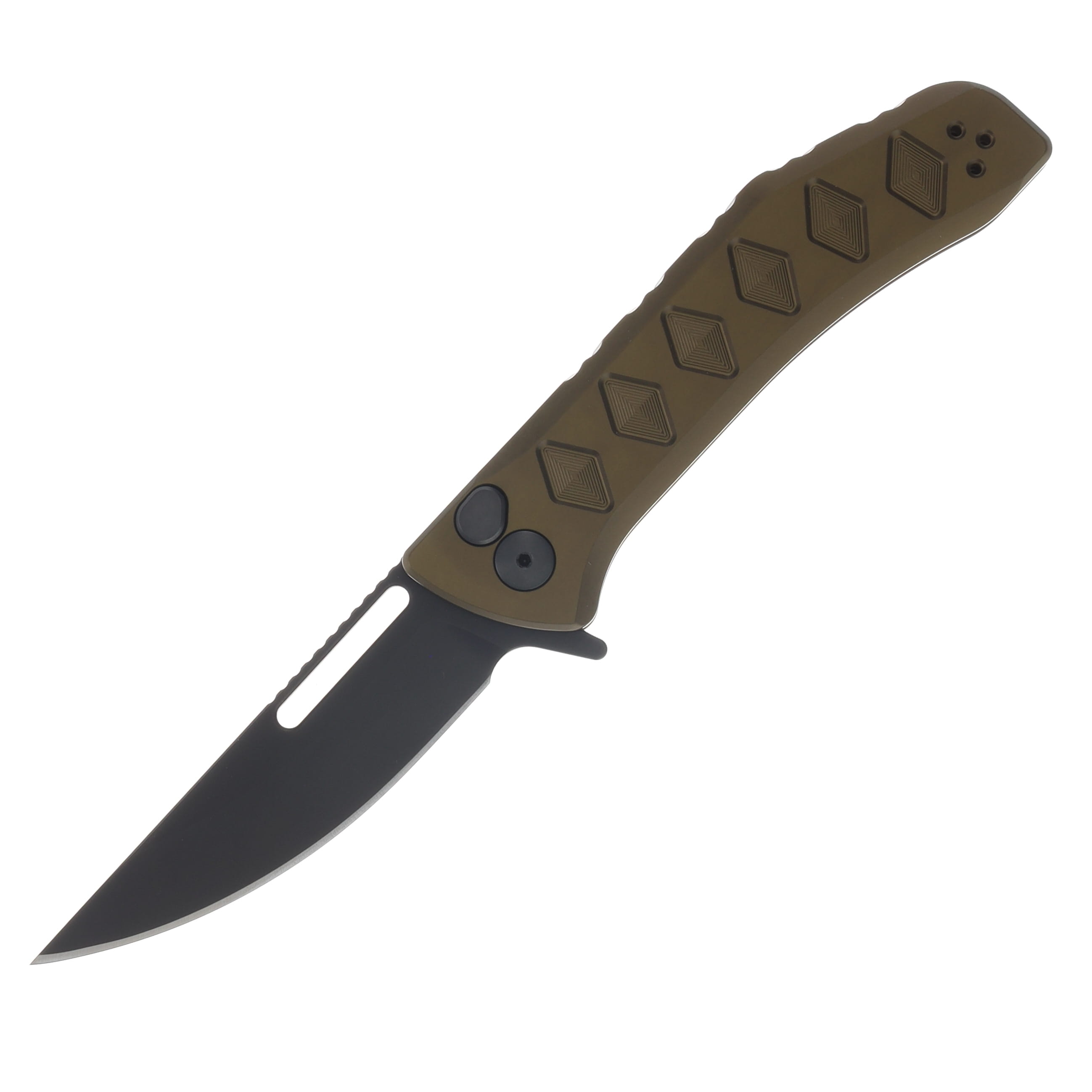 Half Face Custom Kwaiken Folder Red Dragon Camoquartz and Desert Ironwood Inlay Anodized Green Handle Black Nitride Blade Textured Grip HFCUSTKWAIKENFDRDDRG View 1