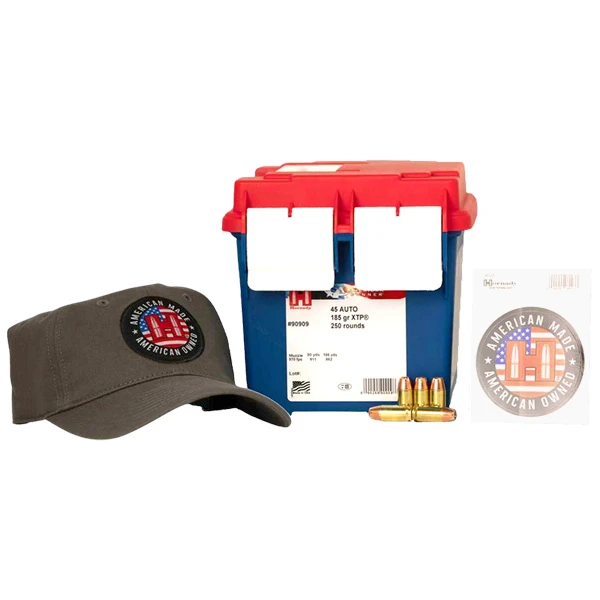 Hornady USA American Gunne 45 Auto Ammo 250 Rounds Brass Centerfire Handgun 185 Grain XTP Jacketed Hollow Point Ammo Can 90909 View 1