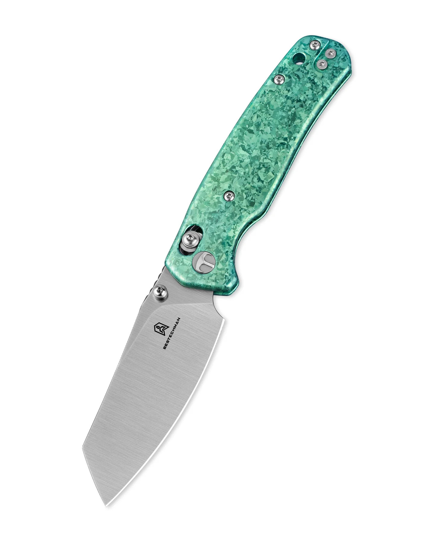 Bestechman Cicada's Wing Crossbar Lock Folding Knife Satin Reverse Tanto/Green Crystallized Titanium BMK06N View 1