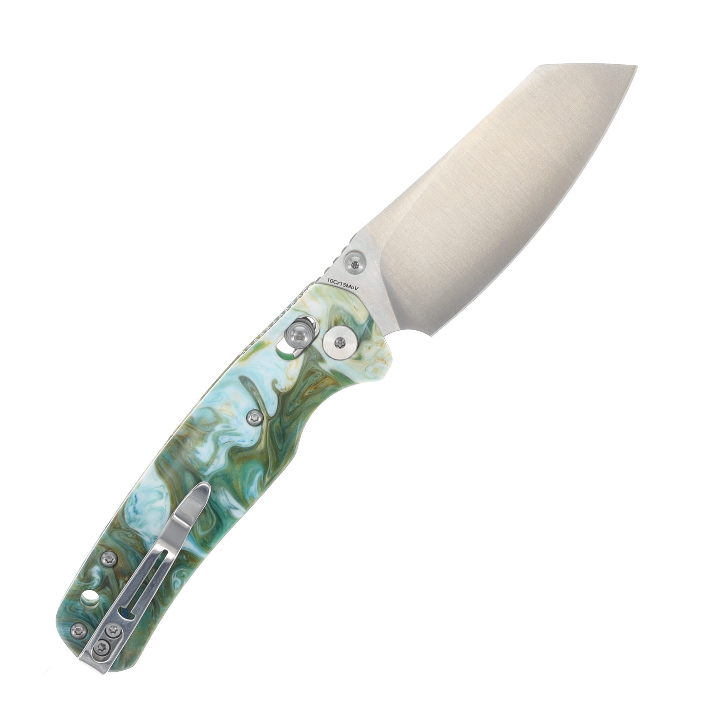 Bestechman Cicada's Wing Crossbar Lock Folding Knife Satin Reverse Tanto/Green Marbled Resin BMK06P View 2