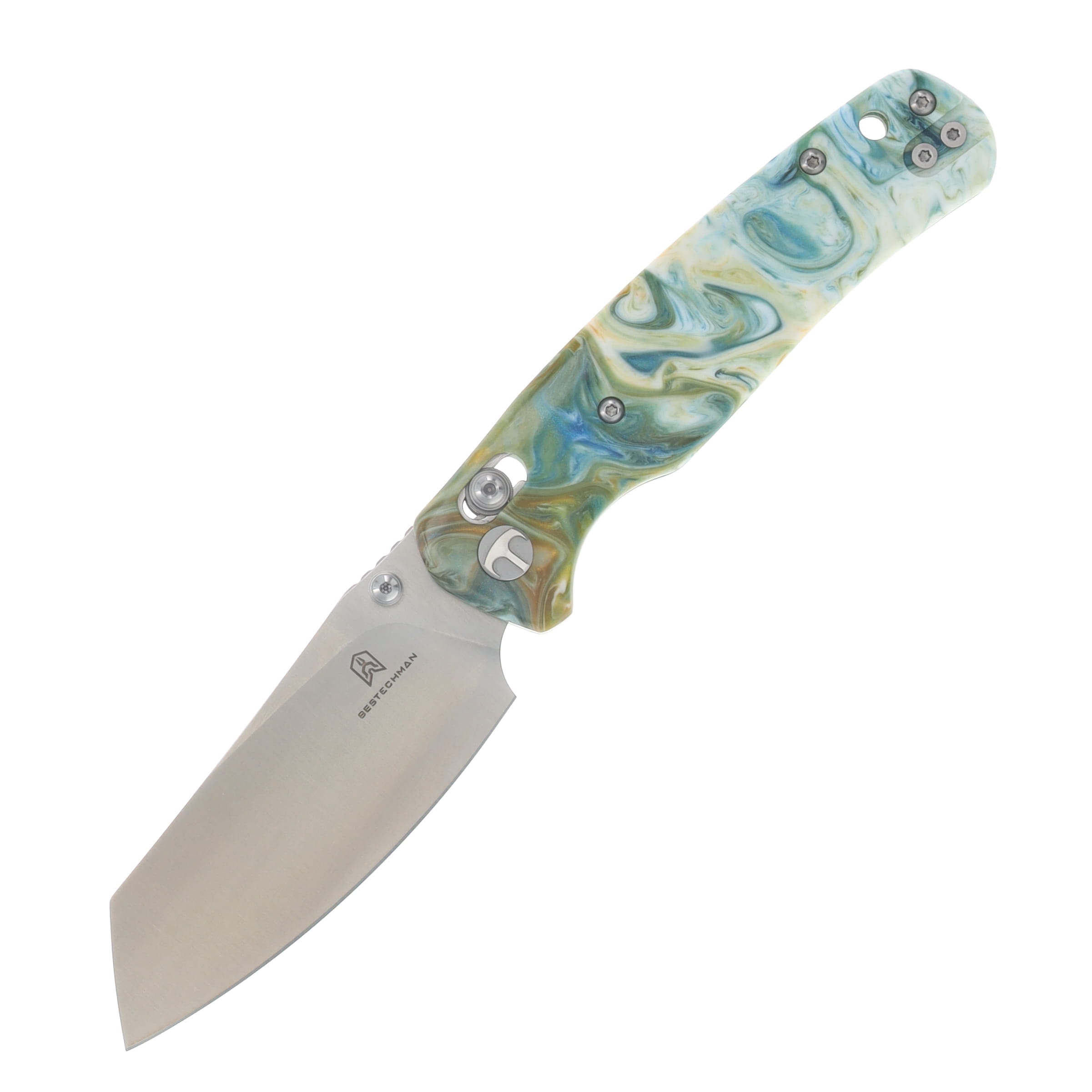 Bestechman Cicada's Wing Crossbar Lock Folding Knife Satin Reverse Tanto/Green Marbled Resin BMK06P View 1