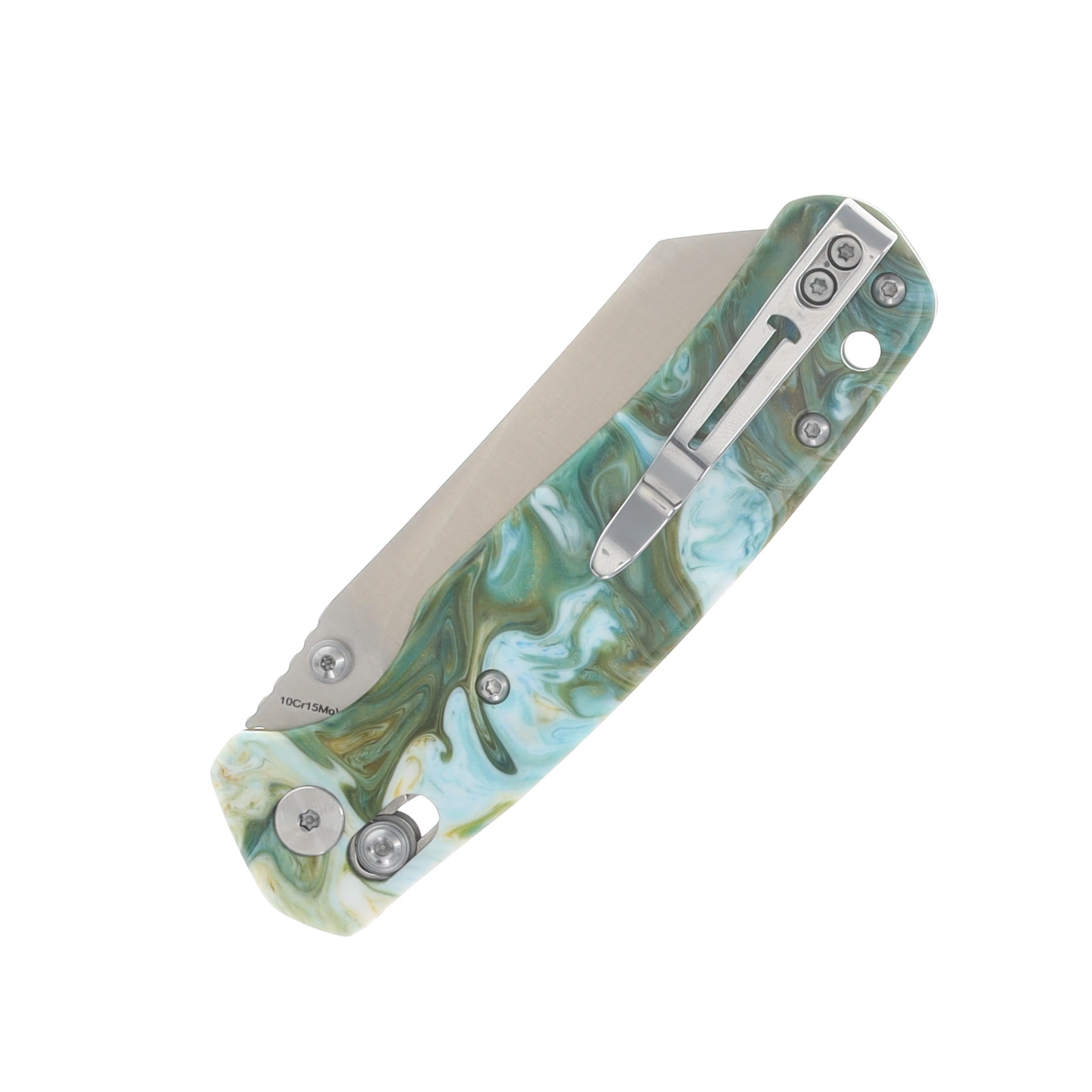 Bestechman Cicada's Wing Crossbar Lock Folding Knife Satin Reverse Tanto/Green Marbled Resin BMK06P View 5
