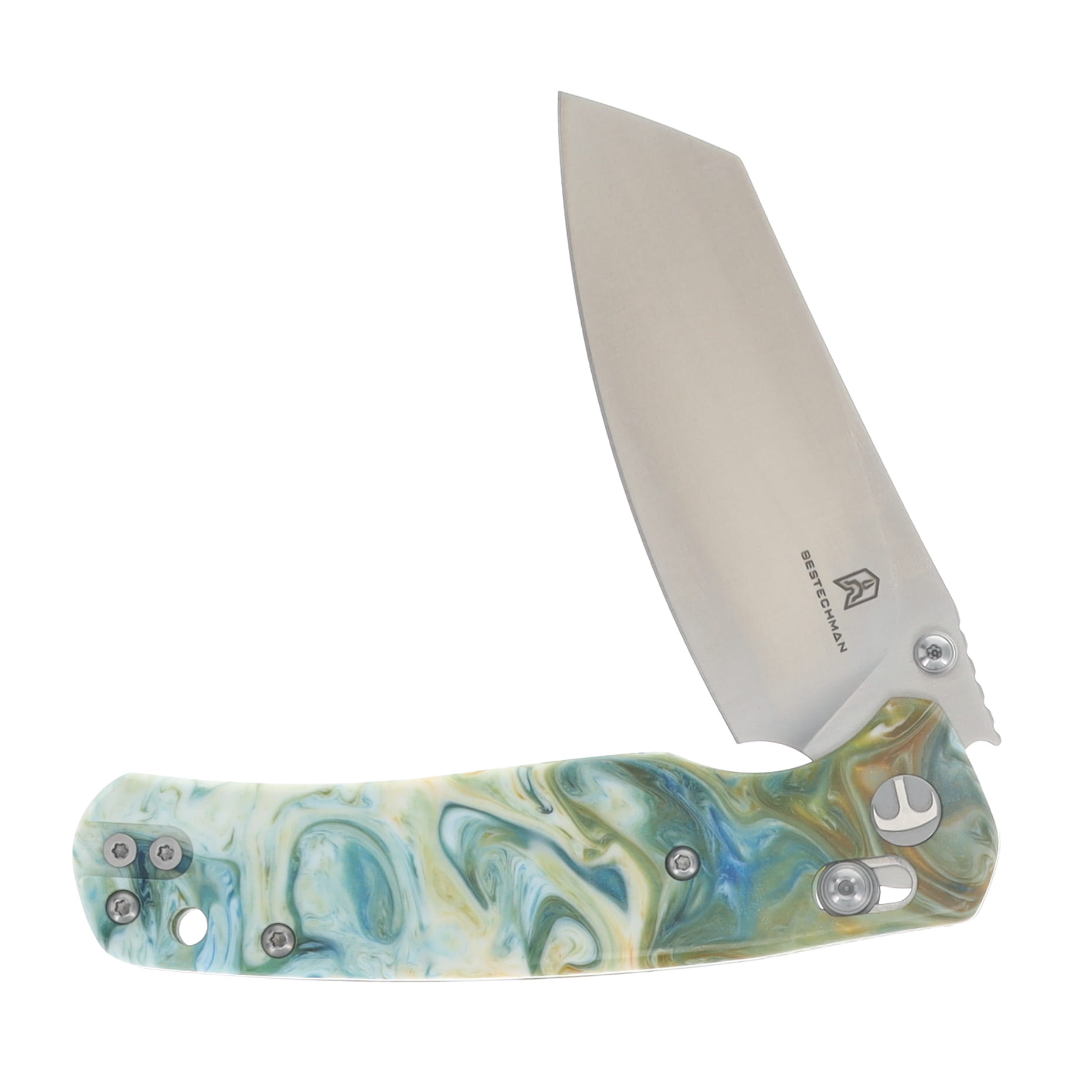 Bestechman Cicada's Wing Crossbar Lock Folding Knife Satin Reverse Tanto/Green Marbled Resin BMK06P View 3