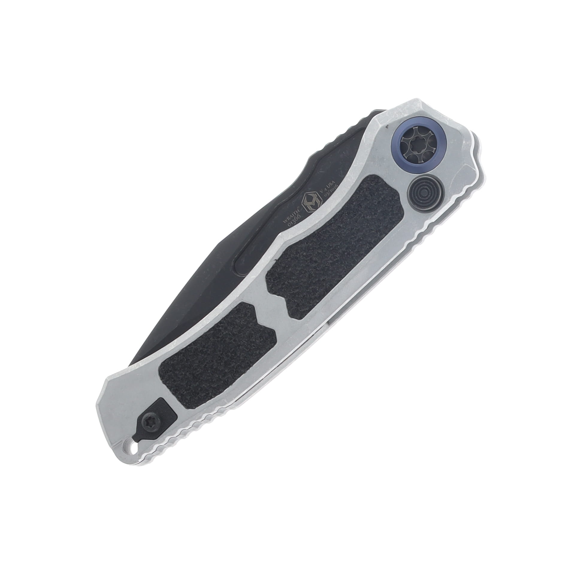 Heretic Wraith V4 Automatic Knife Black Stonewash Magnacut S/E Blizzardworn with Blue Titanium Pivot View 3