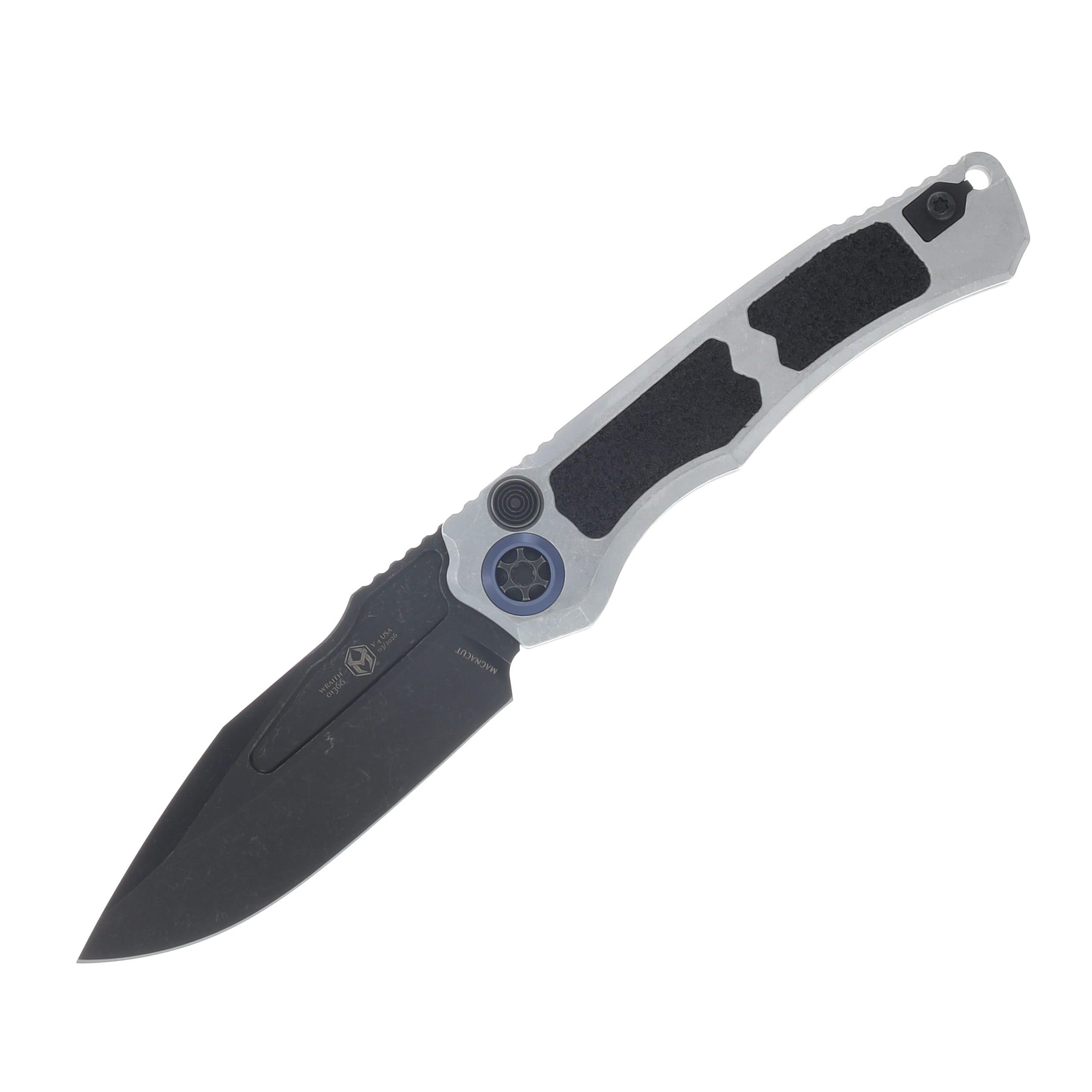Heretic Wraith V4 Automatic Knife Black Stonewash Magnacut S/E Blizzardworn with Blue Titanium Pivot View 1