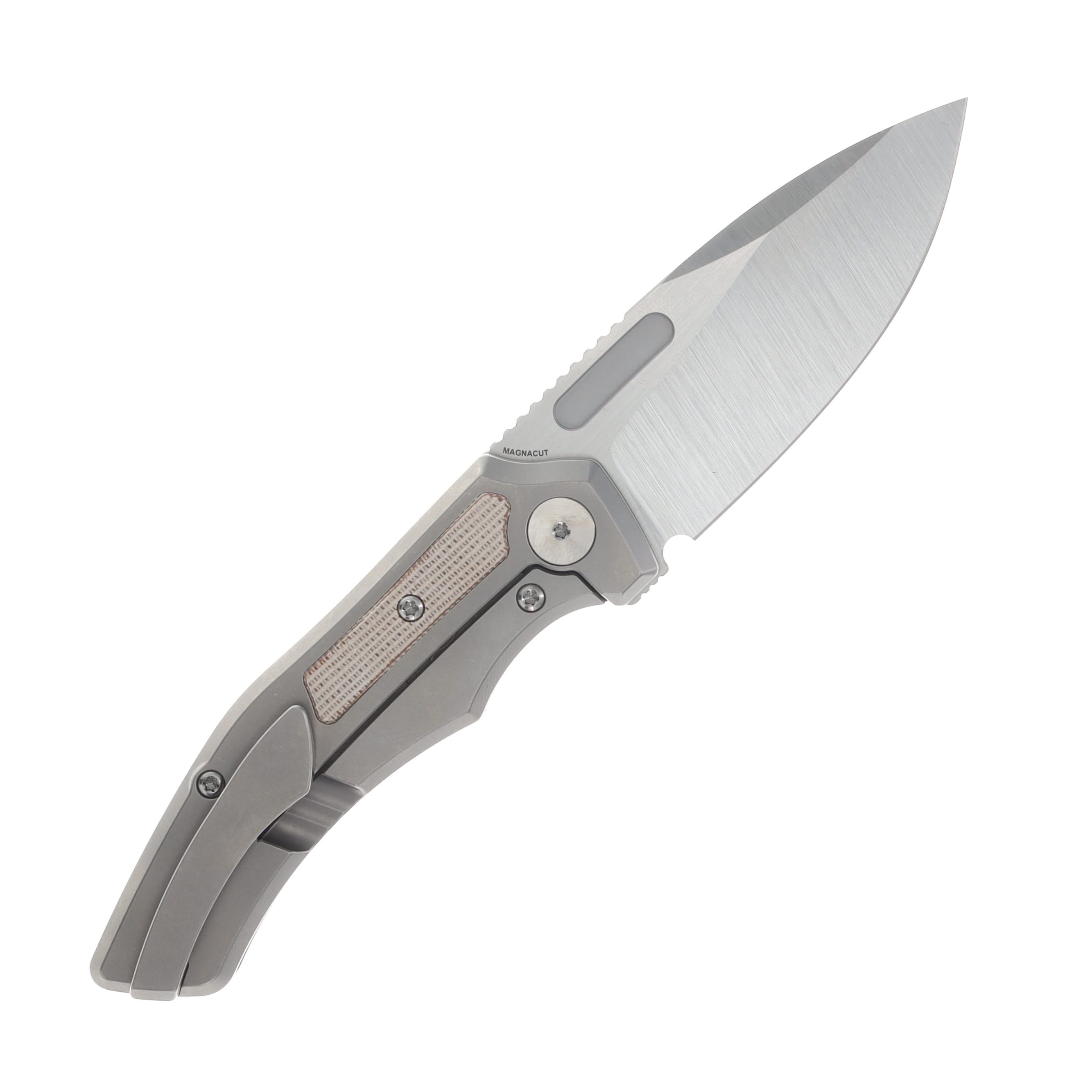 Griffin Scout F3 Folding Knife Belt Satin Magnacut/Light Stonewash Titanium with Natural Micarta Inlay GRIFFSF3BSLSNM View 2