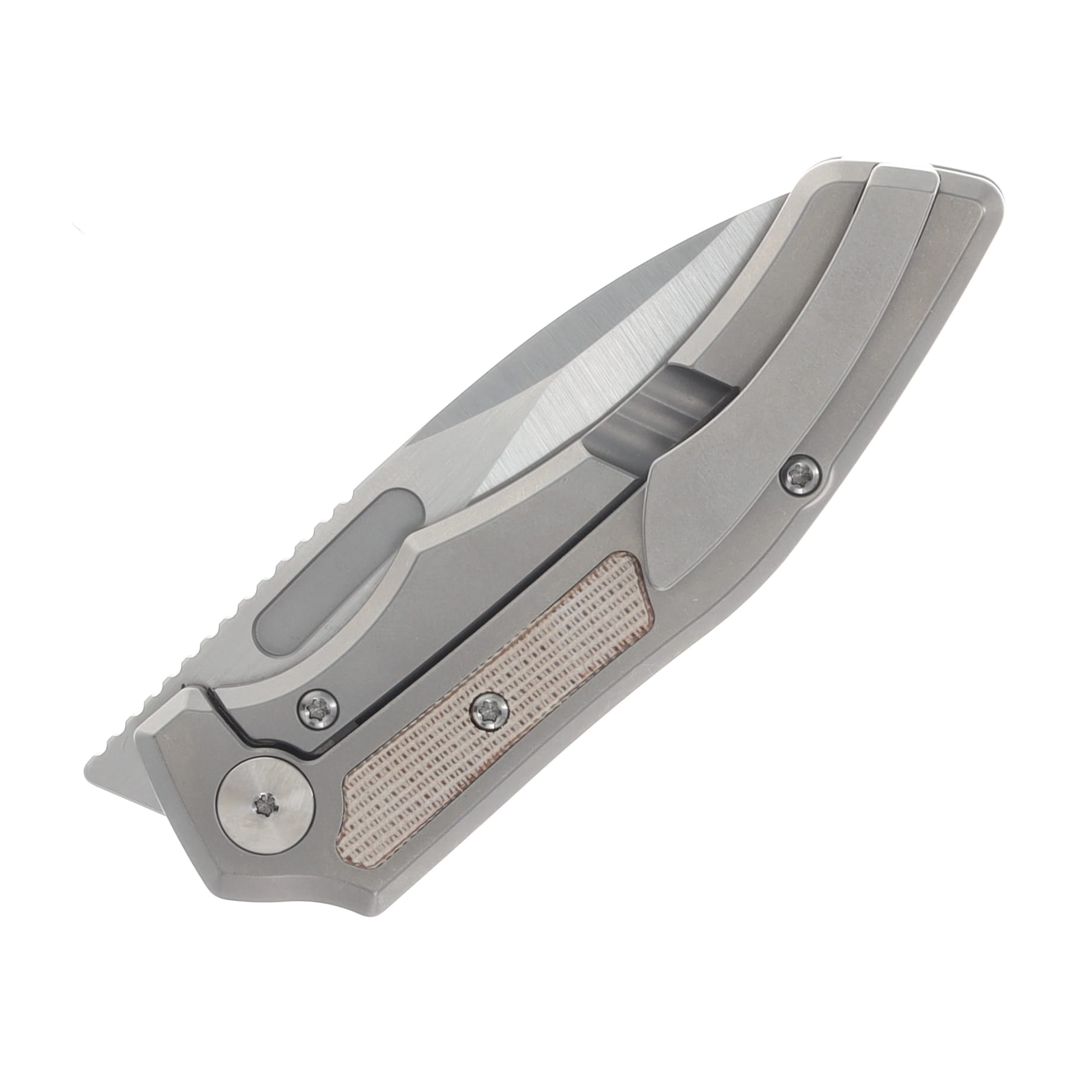 Griffin Scout F3 Folding Knife Belt Satin Magnacut/Light Stonewash Titanium with Natural Micarta Inlay GRIFFSF3BSLSNM View 5