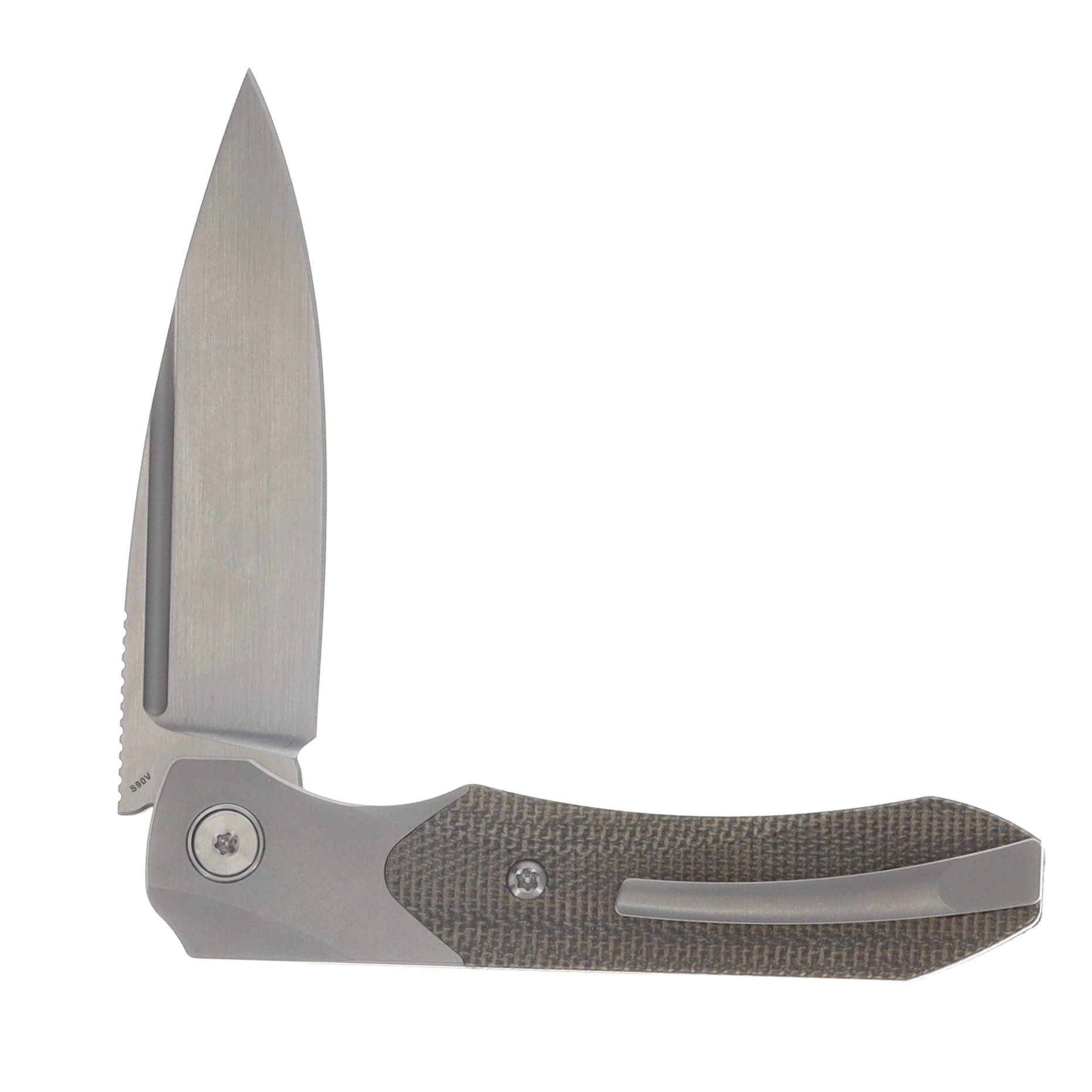 Griffin X Series 1946 Slipjoint Folding Knife Hand Rubbed Satin S90V/Light Stonewash Titanium with Olive Micarta Inlay GRIFF1946HRLSOM View 4