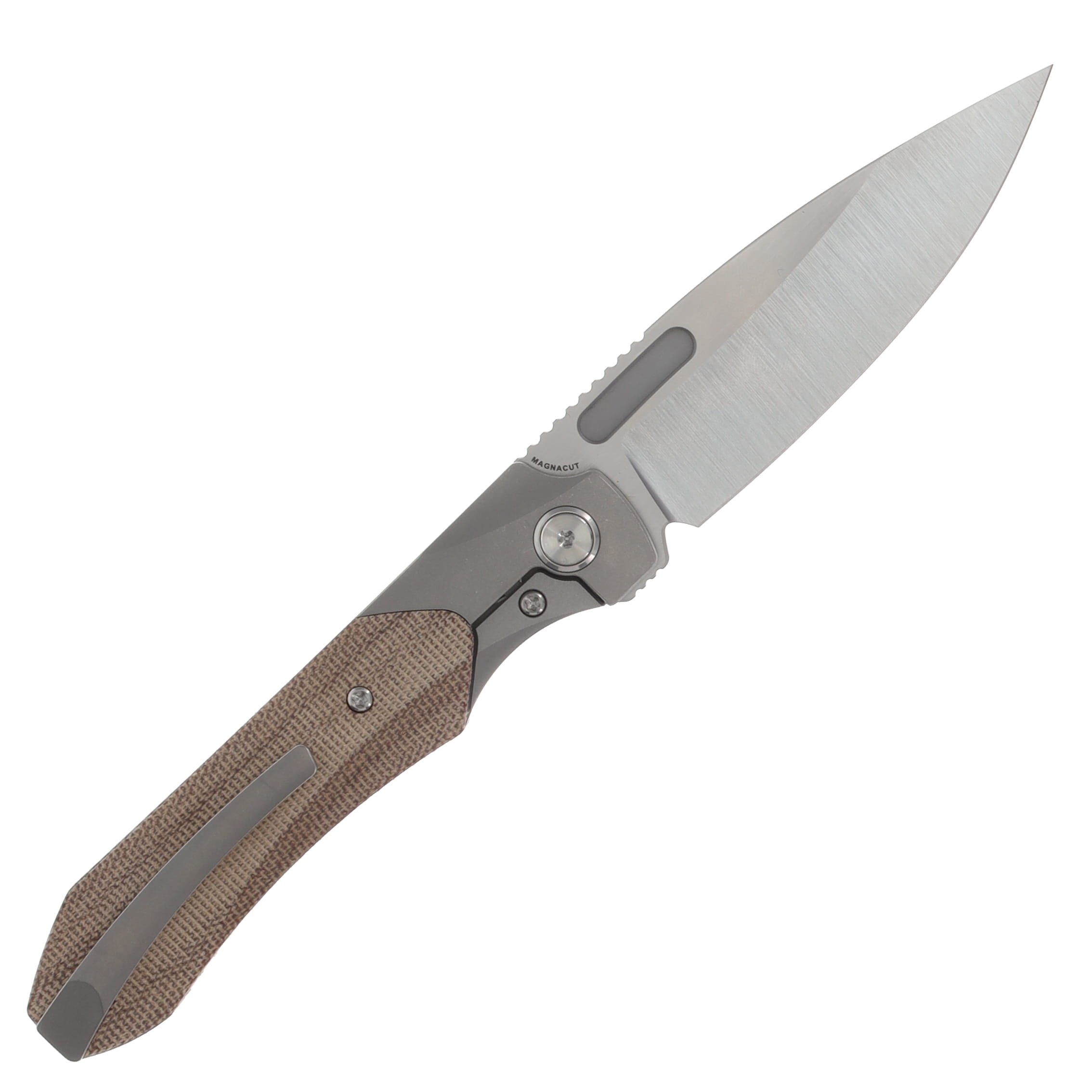 Griffin X Series Bolster Lock Folding Knife Belt Satin Magnacut/Light Stonewash Titanium with Natural Micarta Inlay GRIFFXSERIESBSLSWNMI View 2