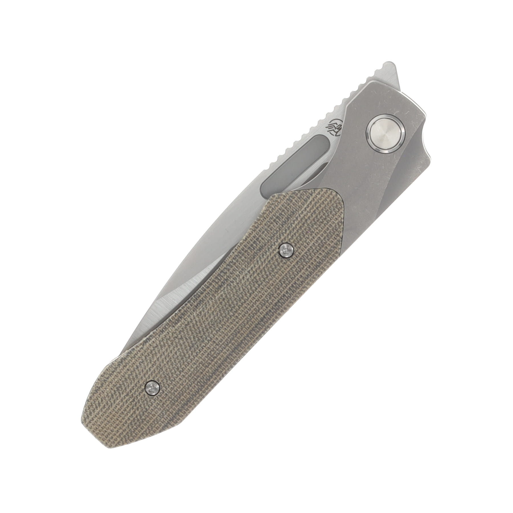 Griffin X Series Bolster Lock Folding Knife Belt Satin Magnacut/Light Stonewash Titanium with Olive Micarta Inlay GRIFFXSERIESBSLSWOMI View 5