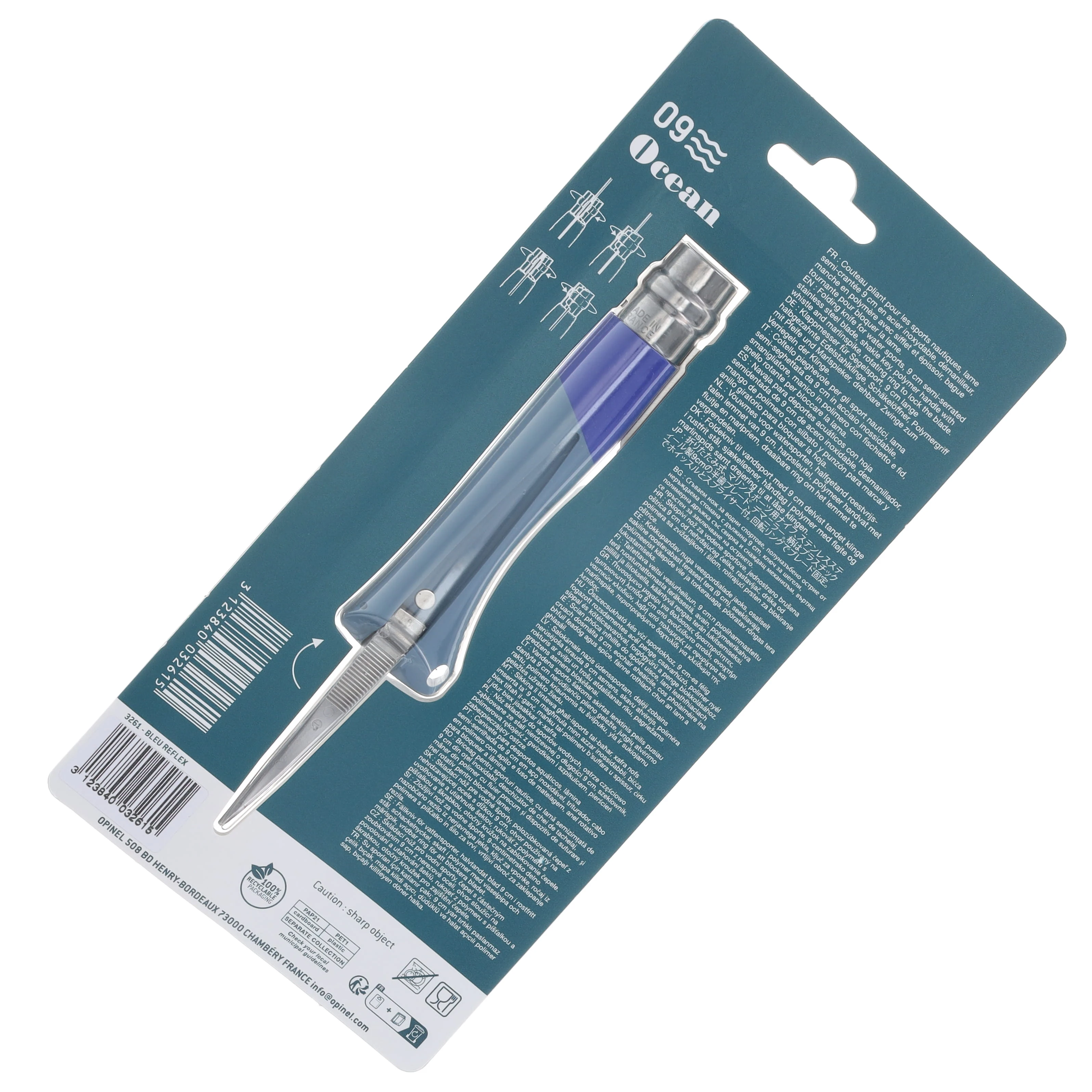 Opinel No. 09 Ocean Folding Knife Blue W/Marlin Spike Part Serrate Blade OP003261 View 10