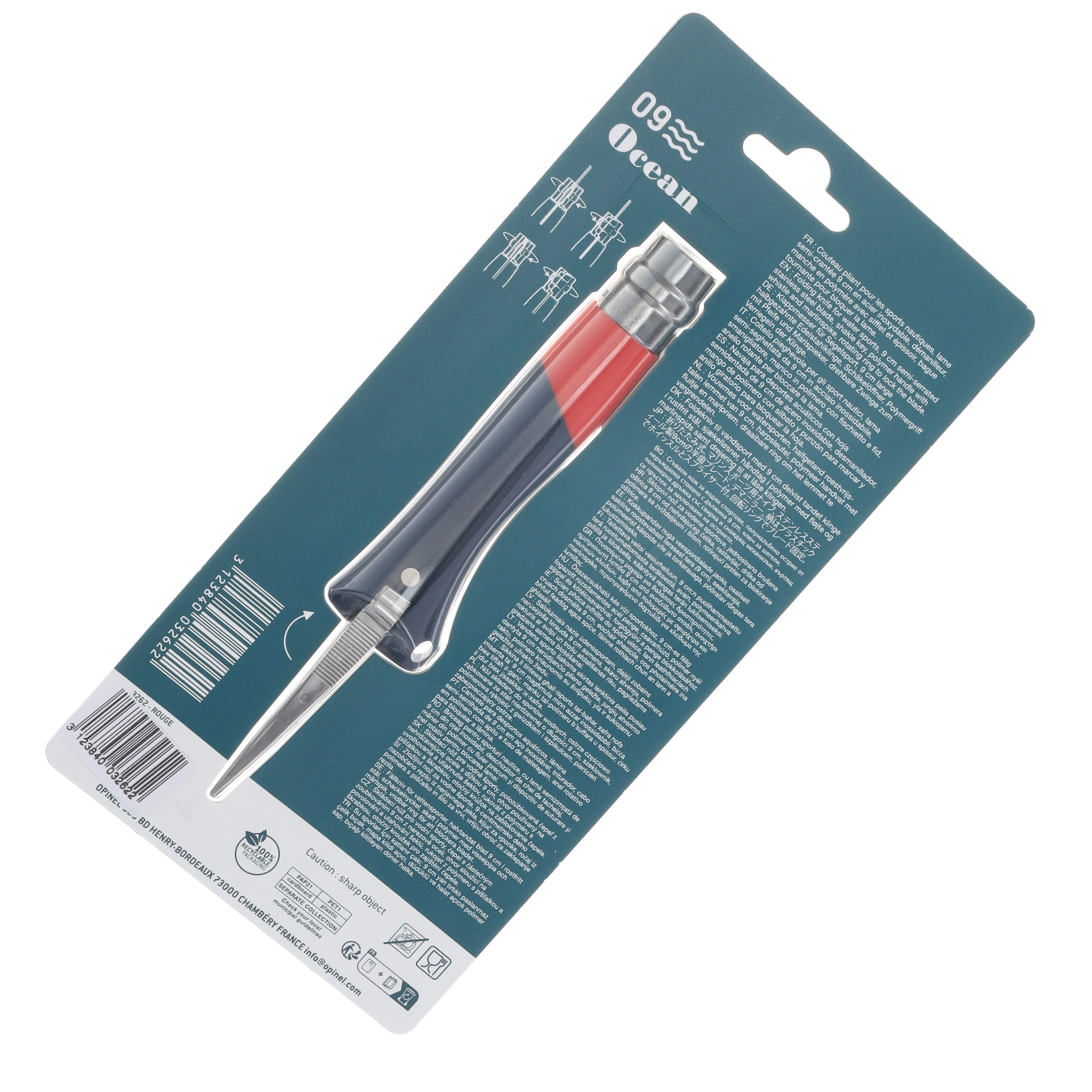 Opinel No. 09 Ocean Folding Knife Red W/Marlin Spike Part Serrate Blade OP003262 View 8