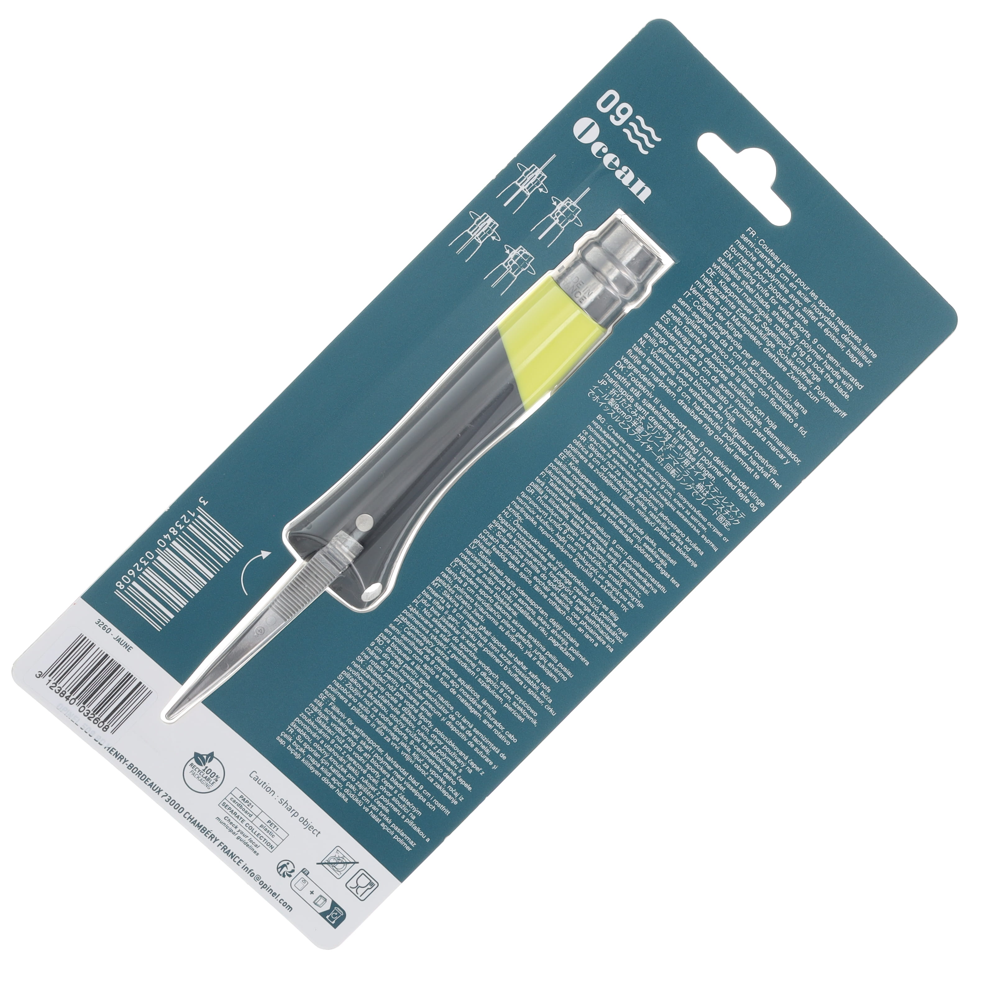 Opinel No. 09 Ocean Folding Knife Yellow W/Marlin Spike Part Serrate Blade OP003260 View 8