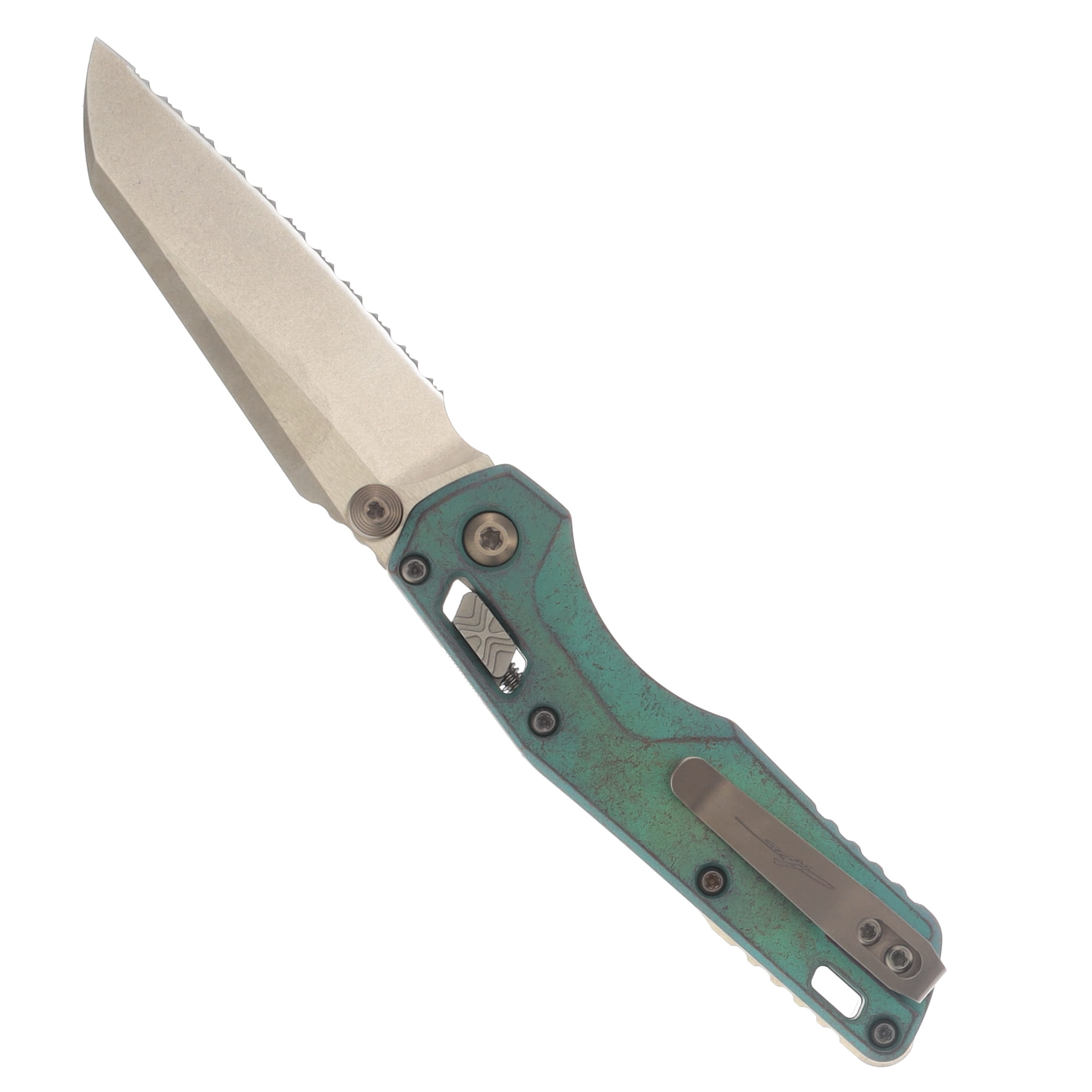 Marfione Select MSI Mini Serrated Bronze Stonewash M390MK Antique Green Anodized Slab Side Titanium with Bronze Titanium Accents MT210M15MS2 View 2