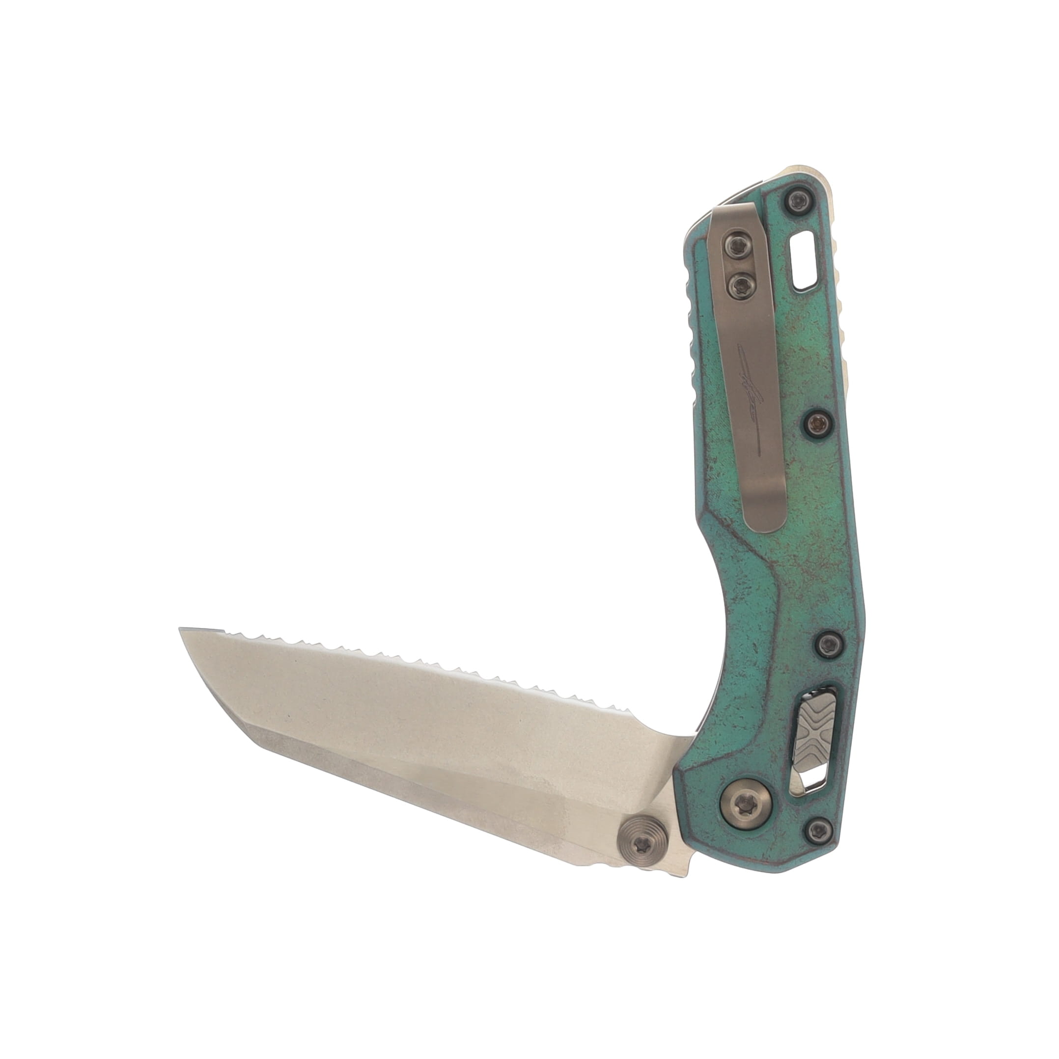 Marfione Select MSI Mini Serrated Bronze Stonewash M390MK Antique Green Anodized Slab Side Titanium with Bronze Titanium Accents MT210M15MS2 View 4
