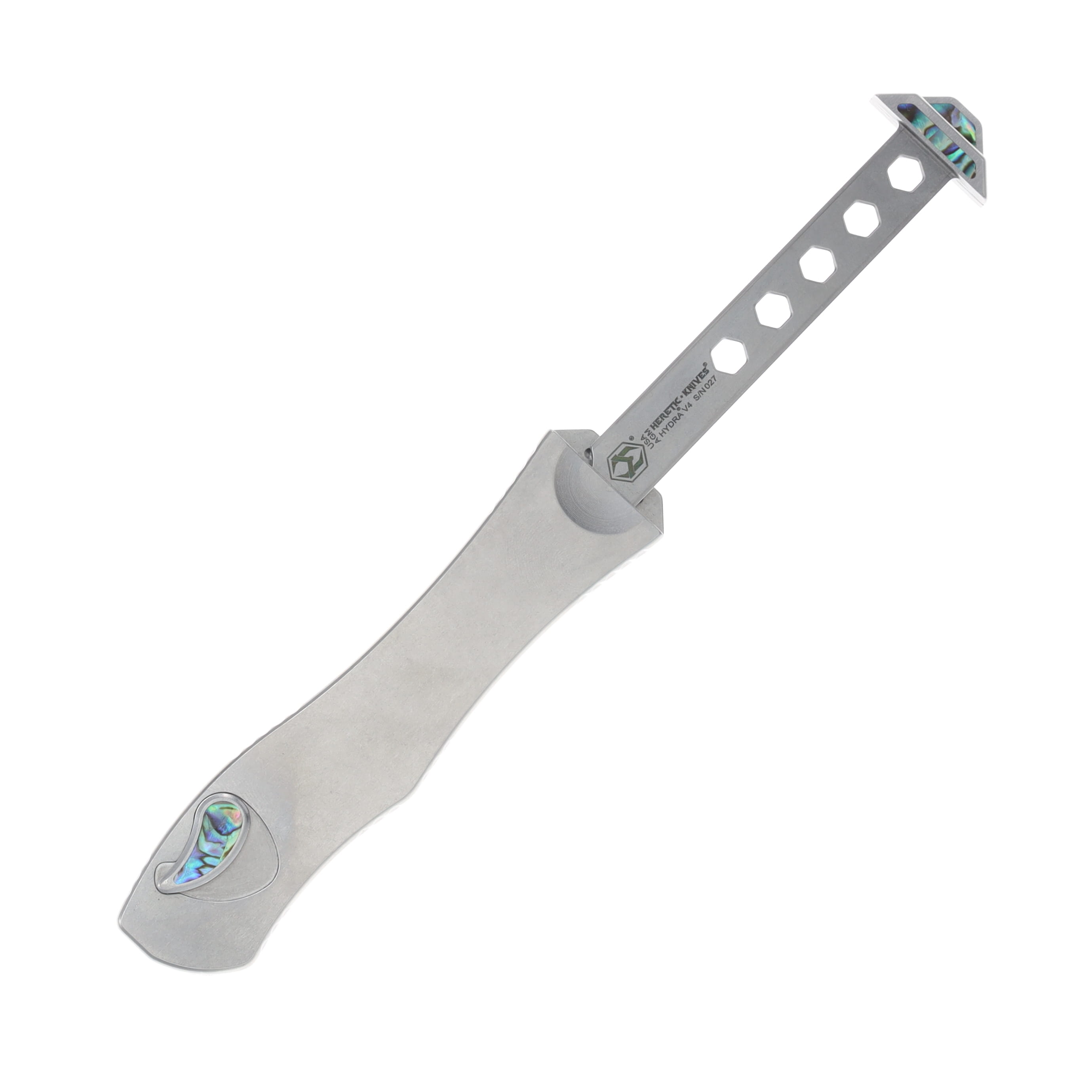 Heretic Custom Hydra Single Action OTF Automatic DLC Hand Ground High Polish M390/Stainless with Abalone Blade and Handle Accents BSTX26003 View 3