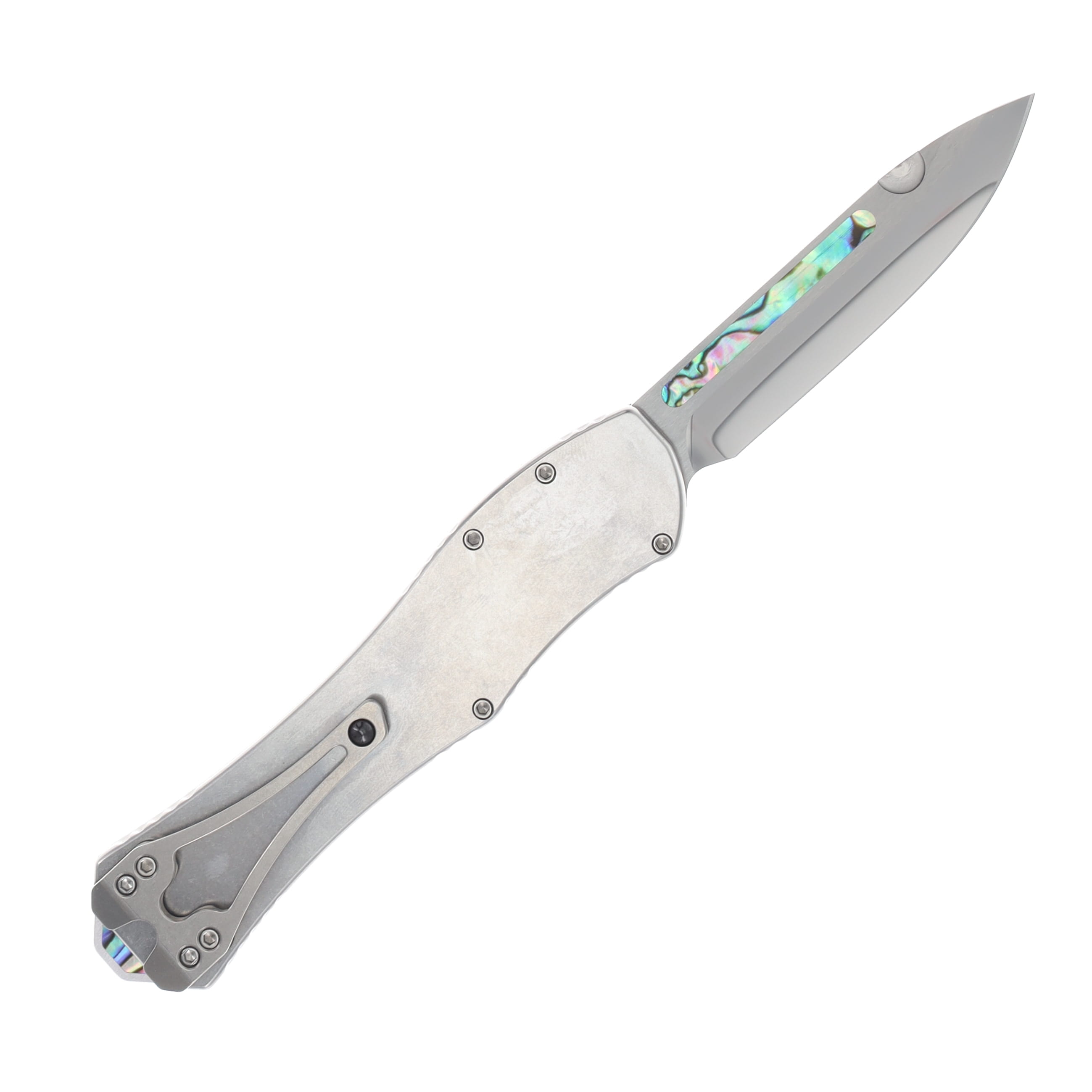 Heretic Custom Hydra Single Action OTF Automatic DLC Hand Ground High Polish M390/Stainless with Abalone Blade and Handle Accents BSTX26003 View 2