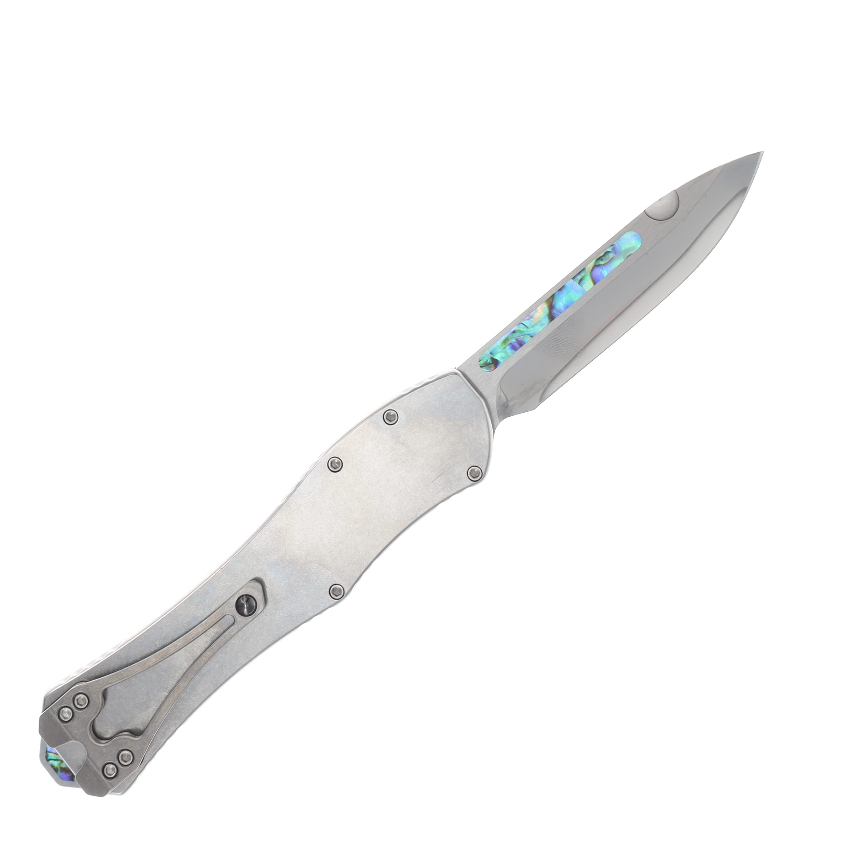Heretic Custom Hydra Single Action OTF Automatic DLC Cracked Ice M390/Stainless with Abalone Blade and Handle Accents BSTX26004 View 2