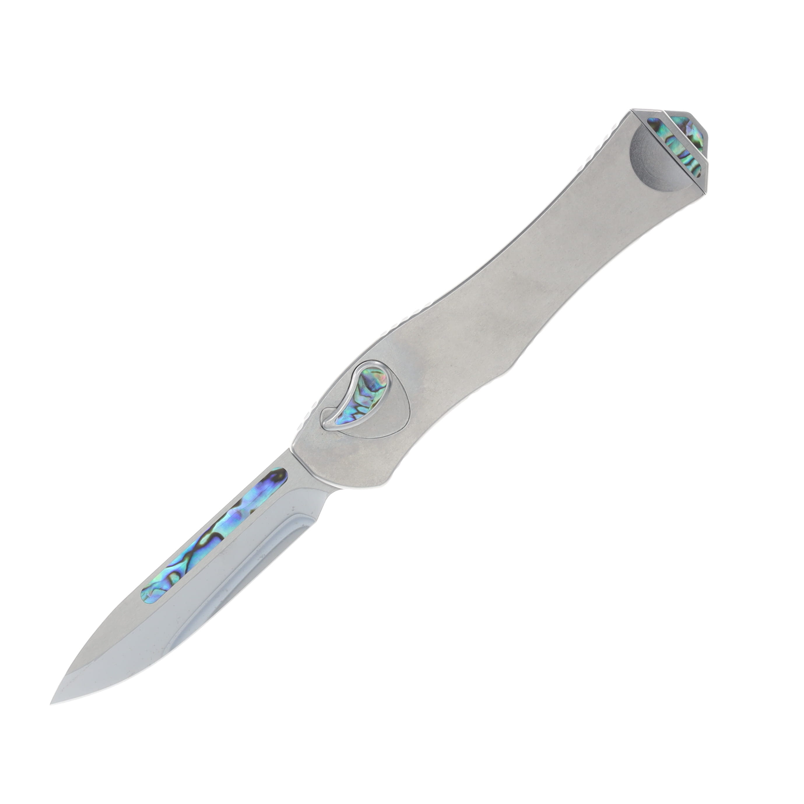 Heretic Custom Hydra Single Action OTF Automatic DLC Cracked Ice M390/Stainless with Abalone Blade and Handle Accents BSTX26004 View 1