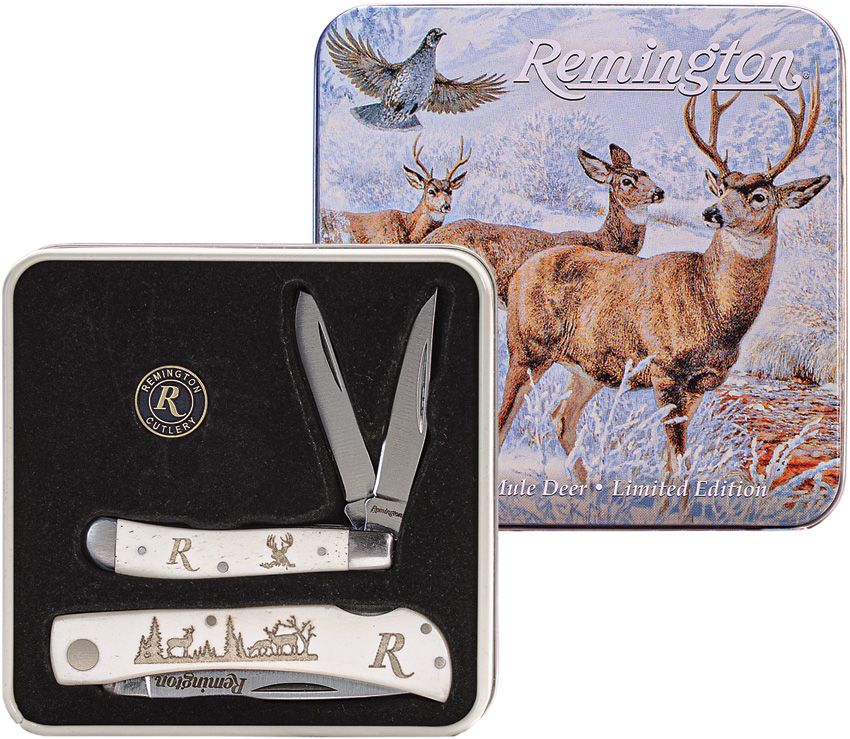 Remington Mule Deer White Smooth Bone Lockback and Peanut Folding Knife Gift Set with Collector Tin R15685 View 1