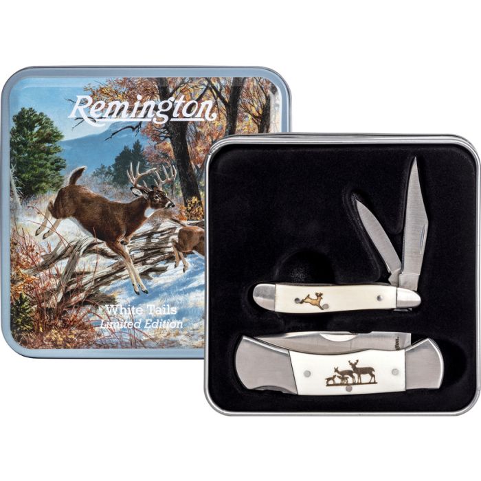 Remington Whitetail Deer White Smooth Bone Lockback and Peanut Gift Set with Collector Tin R15693 View 1