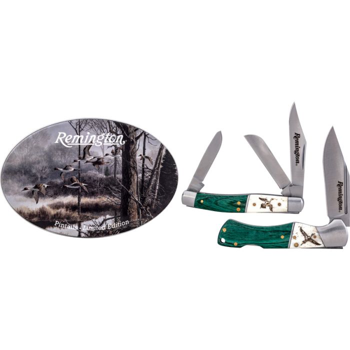 Remington Pintail Green Pakkawood/White Smooth Bone Lockback and Peanut Gift Set with Collector Tin R15713 View 1