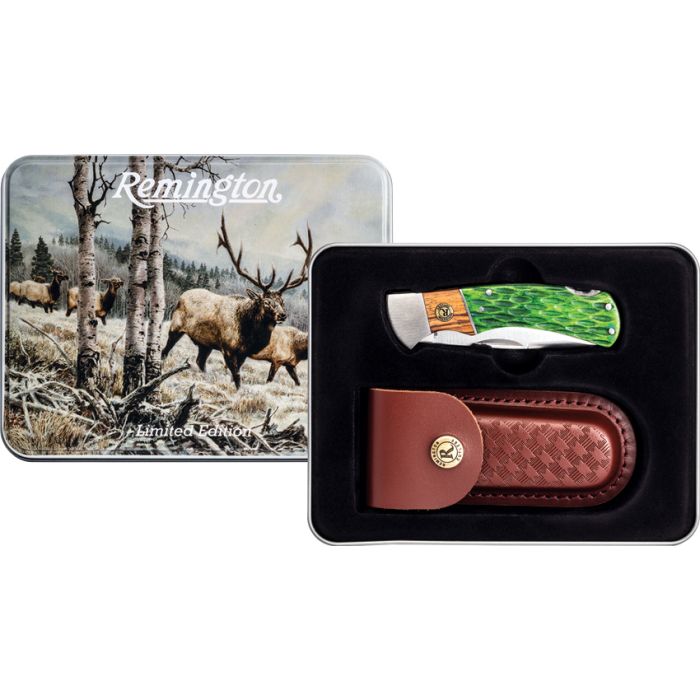 Remington Rocky Mountain Elk Green Jigged Bone/Zebrawood Lockback and Sheath Gift Set with Collector Tin R15718 View 1