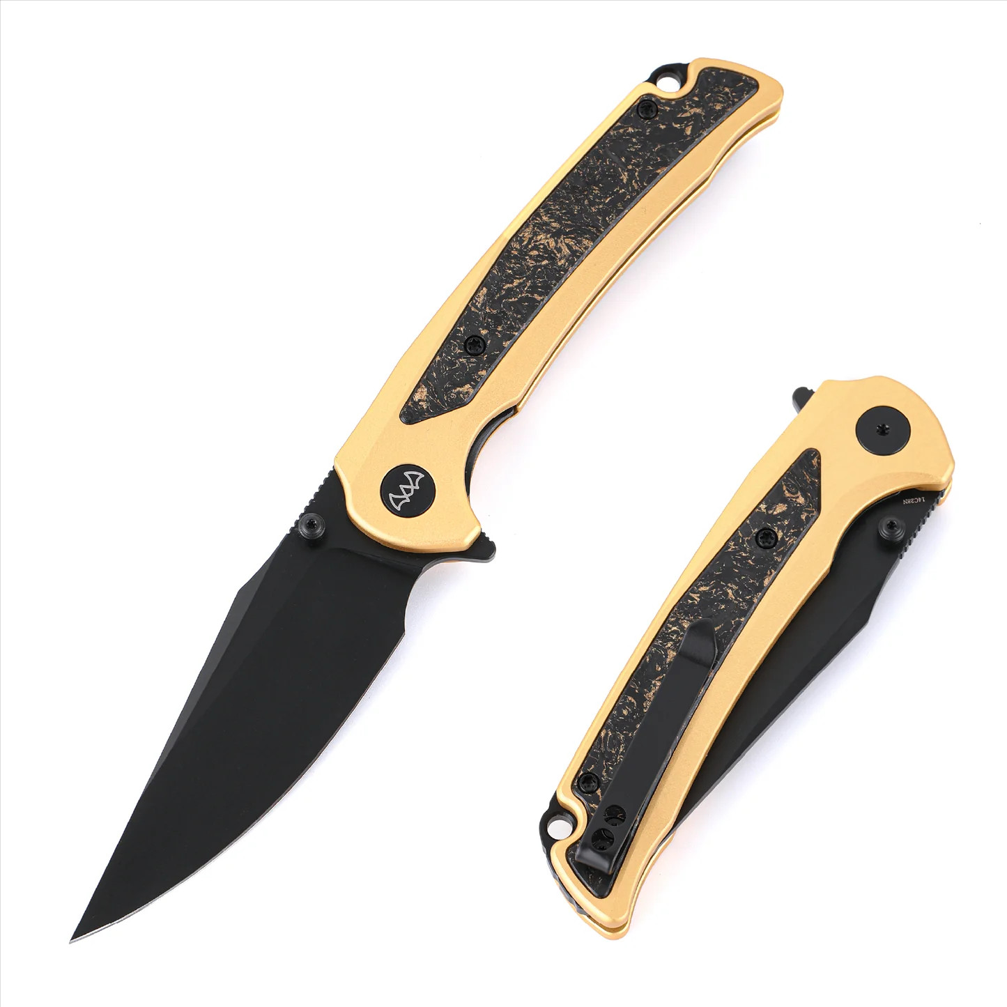 Wixco Scort Folding Knife Black 14C28N Blade Gold Aluminum W/Shredded Carbon Fiber Inlay Handle WX14-B View 1