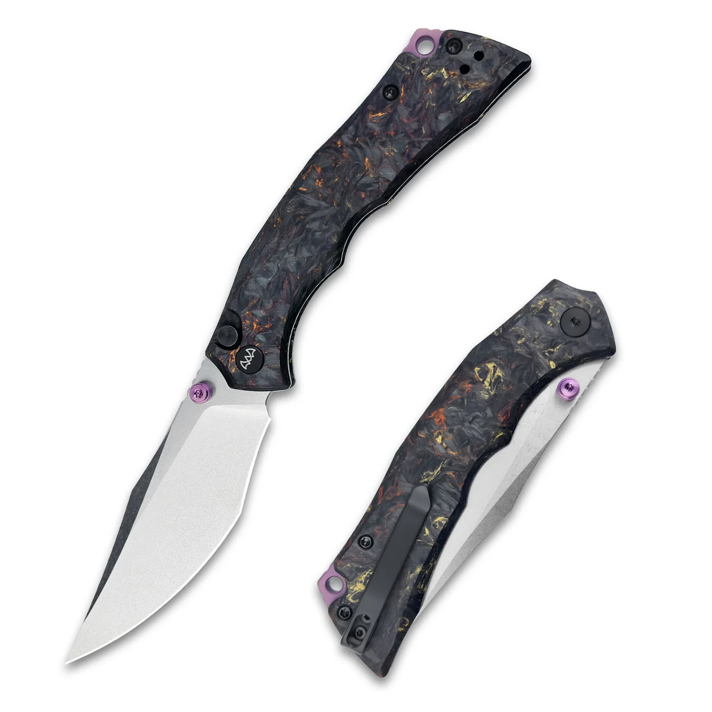 Wixco Jugger Button Lock Folding Knife Stonewash N690/Carbon Fiber with Purple Accents WX22-A View 1