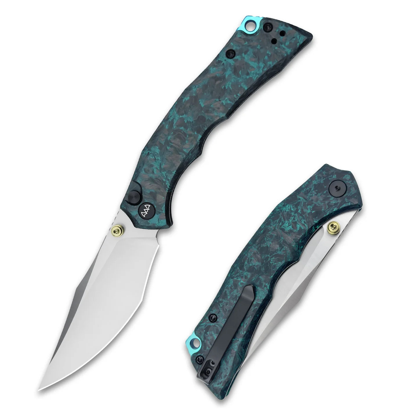 Wixco Jugger Button Lock Folding Knife Satin N690/Carbon Fiber with Mint Green Accents WX22-B View 1