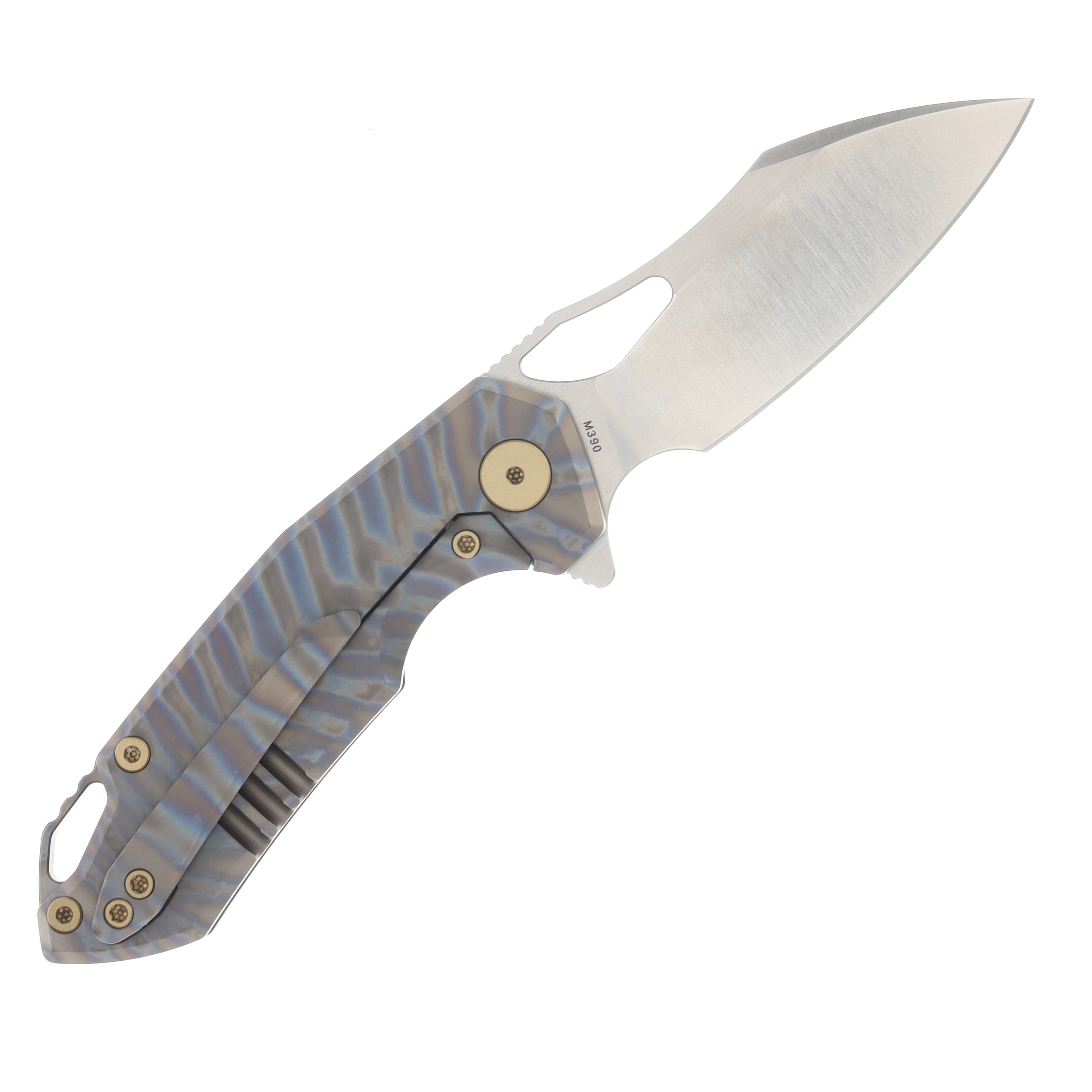Ferramonster Glideman Folder Satin M390 Blade Tiger Stripe Pattern Flamed TI Handle FM23003 - D View 2