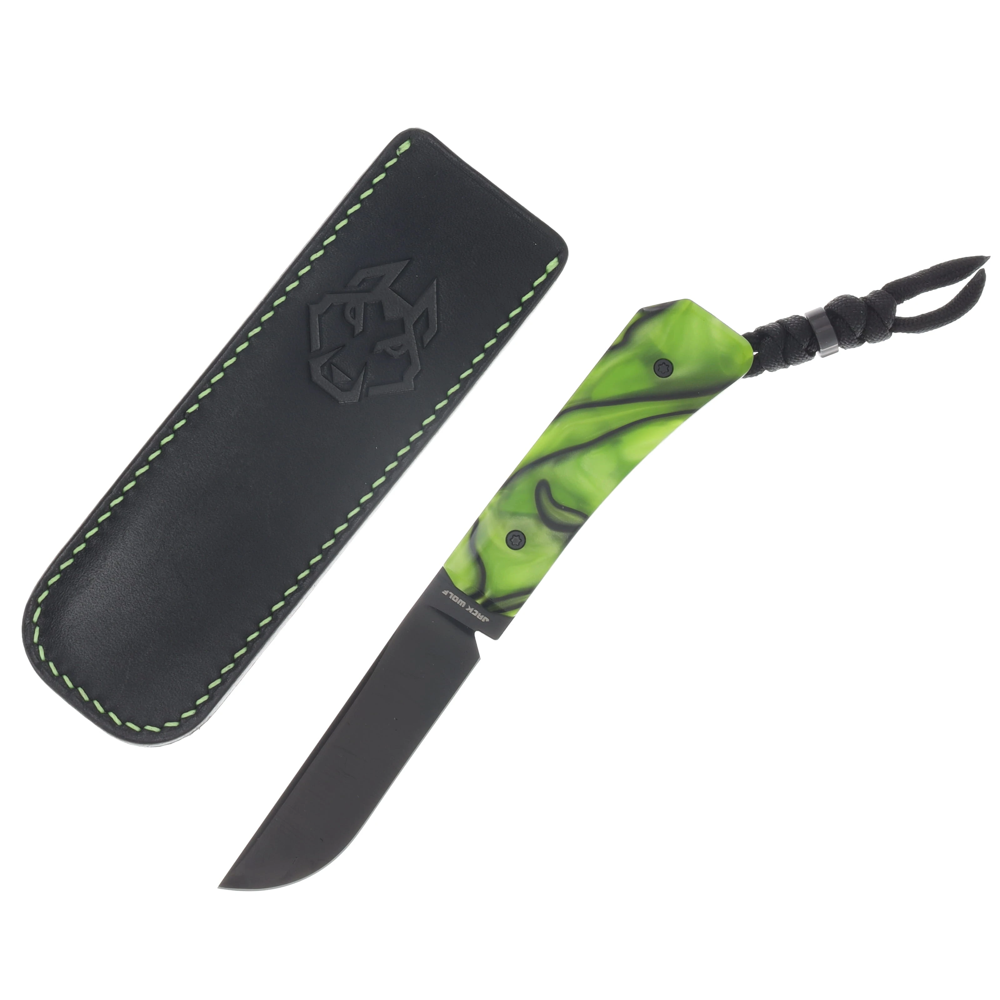 Jack Wolf Pioneer FixEDC Kirinite Toxic Green Black DLC S90V W/Black Paracord and Sheath View 1