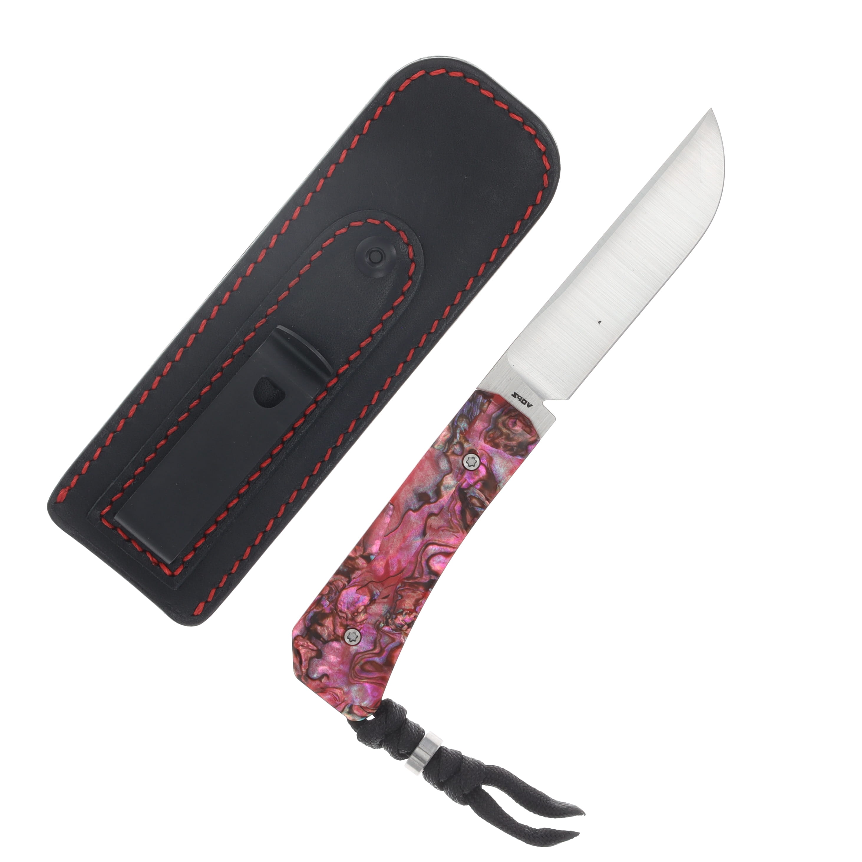 Jack Wolf Pioneer FixEDC Red Abalone Belt Satin S90V W/Black Paracord and Sheath PIONE-FX-01-RED-ABALONE View 2