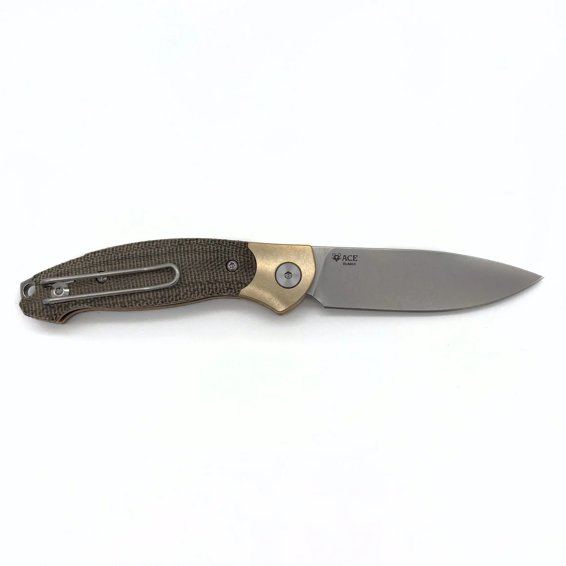 GiantMouse ACE Farley V2 Folder Elmax Blade Green Canvas Micarta Brass Bolster  Handle GMFARLEY-BRASS-B-GRN View 2