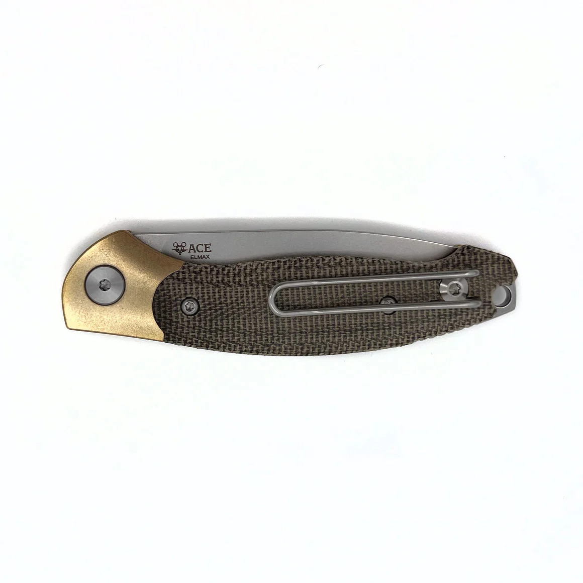 GiantMouse ACE Farley V2 Folder Elmax Blade Green Canvas Micarta Brass Bolster  Handle GMFARLEY-BRASS-B-GRN View 3