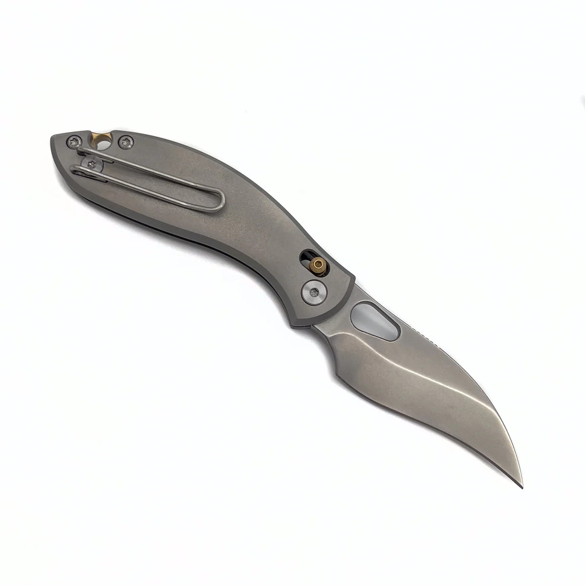 GiantMouse GM13 Folding Knife Satin S90V Hawkbill Blade Orange Peel Titanium Handle GMGIANTMOUSE-GM13 View 2