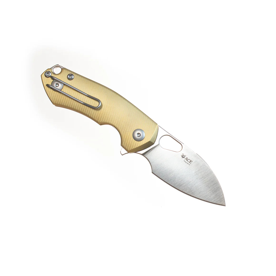GiantMouse ACE Riv Liner Lock Folding Knife Satin Magnacut Blade Brass Handle GMRIV-LL-BRASS View 2