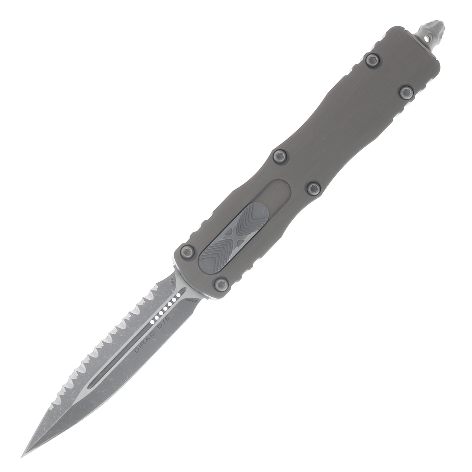 Microtech Dirac OTF Automatic Knife Serrated Apocalyptic D/E Natural Clear Aluminum AUMT22512APNC View 1