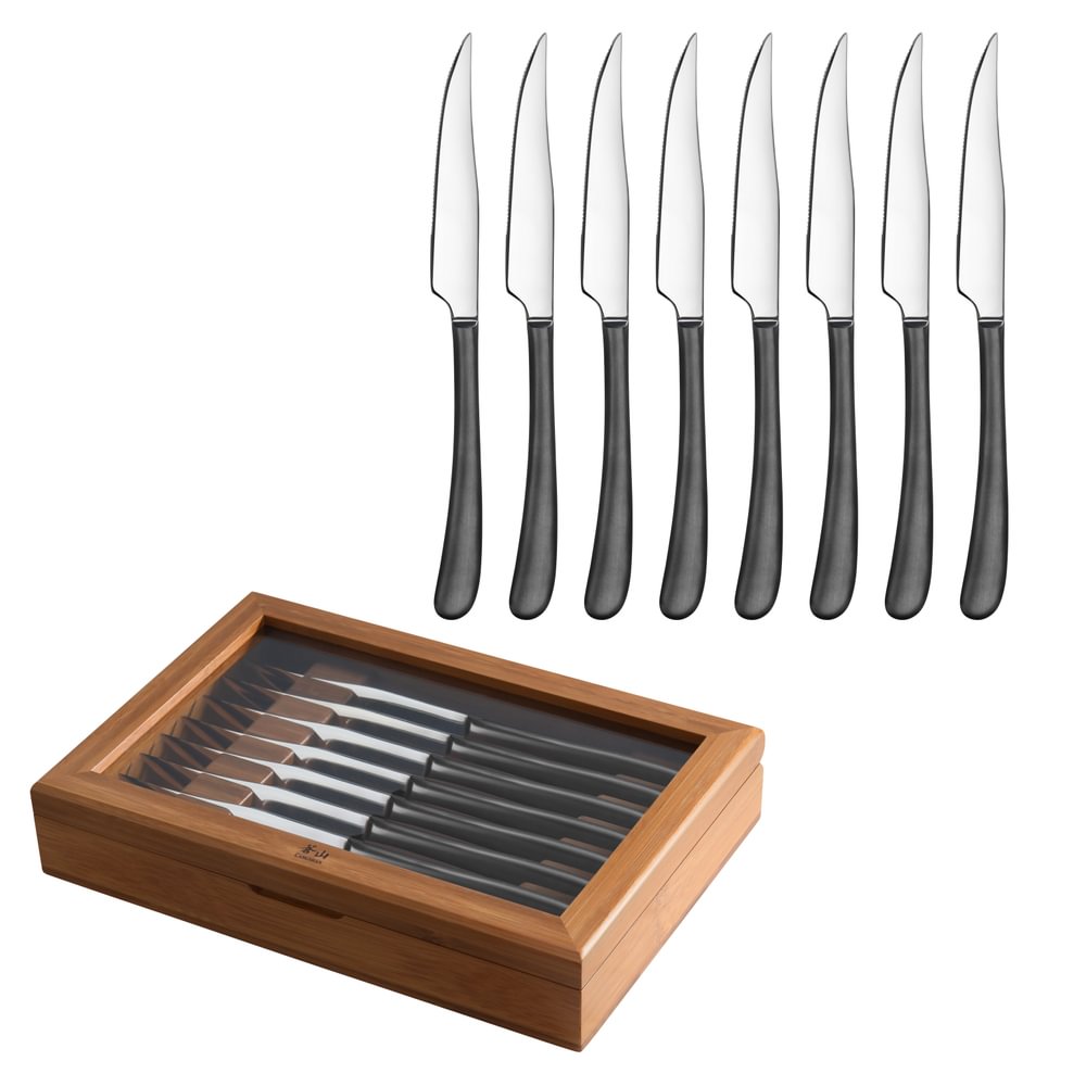 Cangshan Rain II 8 Pc Steak Knife Set Brushed Black Handle W/ Bamboo Box 10302187 View 1