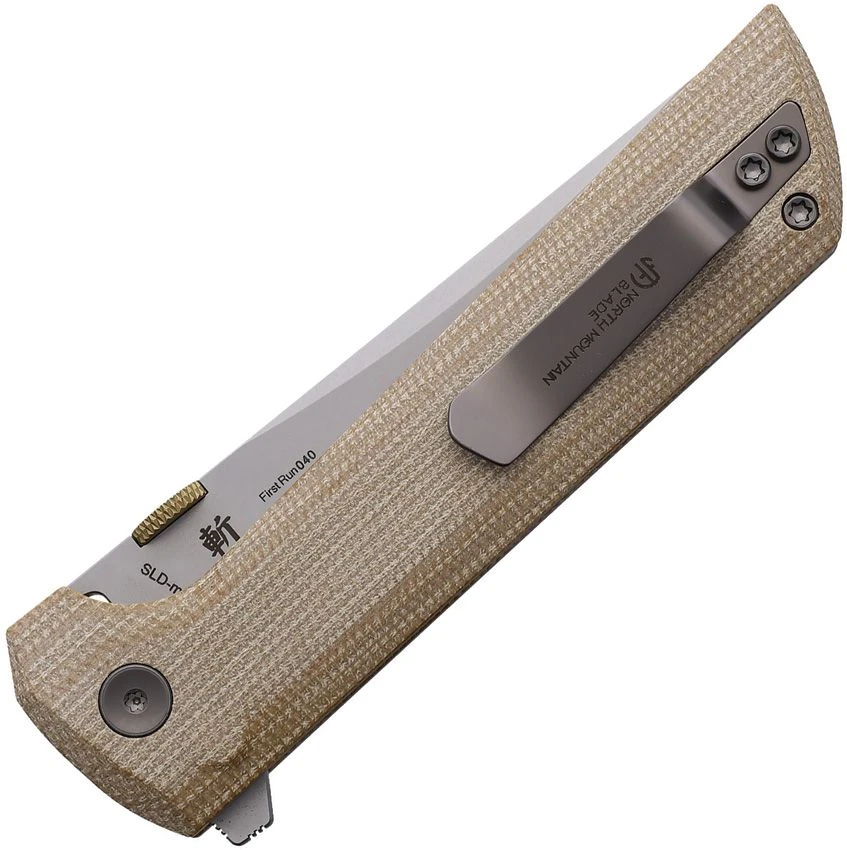 North Mountain Blade Chop 2 Button Lock Folder Tan Canvas Micarta Handle NMB2406YLMCT View 2