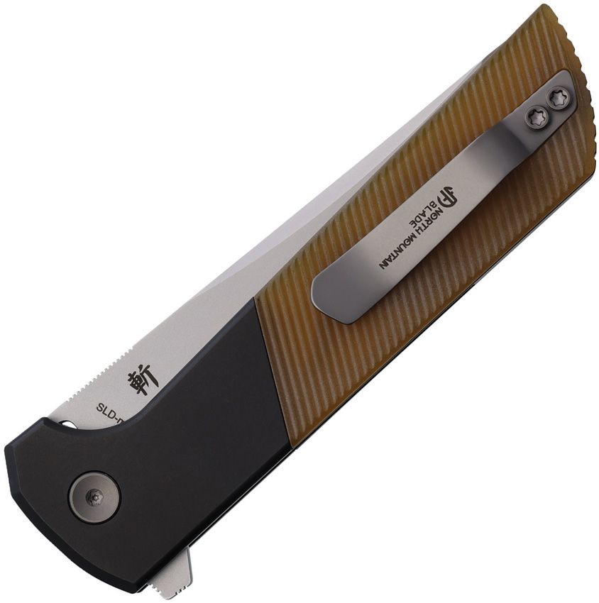 North Mountain Blade Chop 2 Button Lock Folder Amber Striped PEI Handle NMB2407PEIST View 2