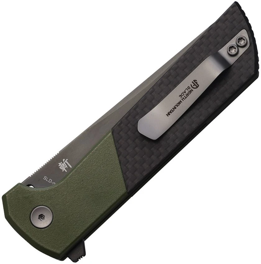 North Mountain Blade Chop 2 Button Lock Folder Carbon Fiber Handle Green Alum. Bolster NMB2407SGCFD View 2