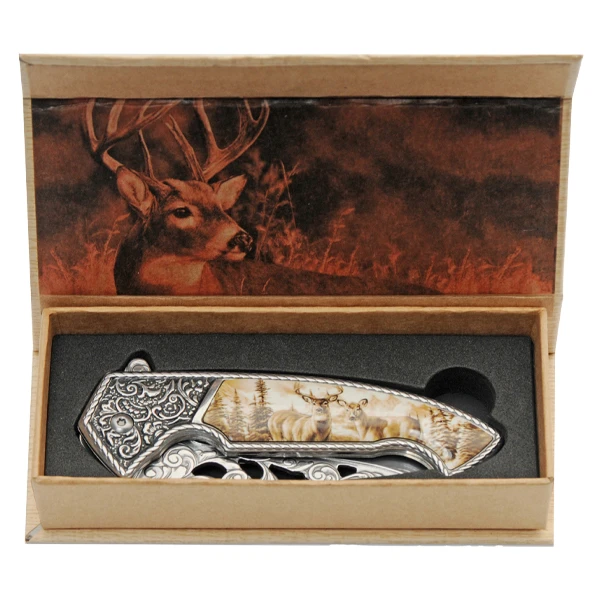 Fancy Deer AO Folder With Gift Box Deer Printed Handle 420 SS Blade 300606DR View 3