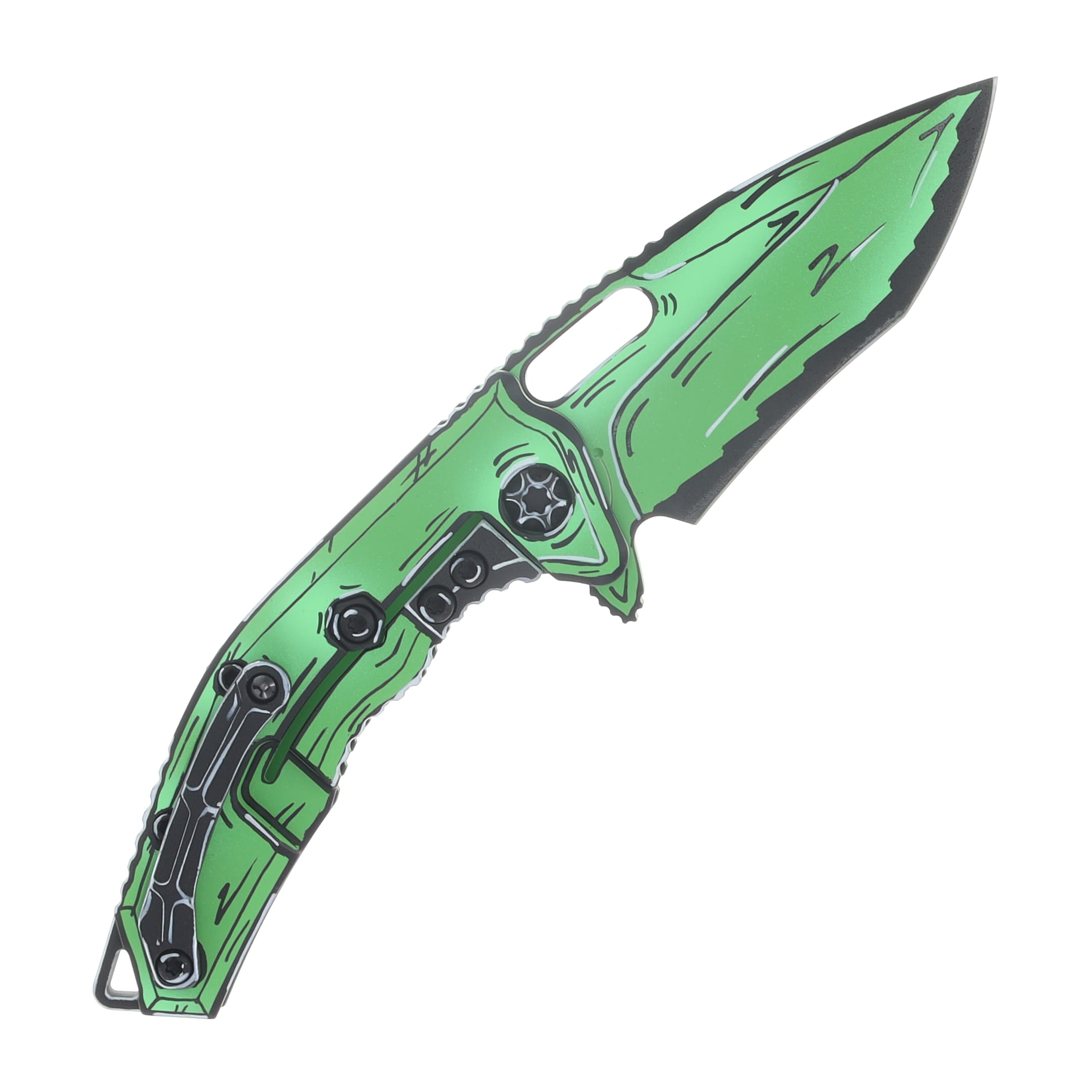 Heretic Medusa Framelock Folding Knife Blacklight Reflective Toxic Green Cel Shaded MagnaCut Recurve H010-CS-TX View 2