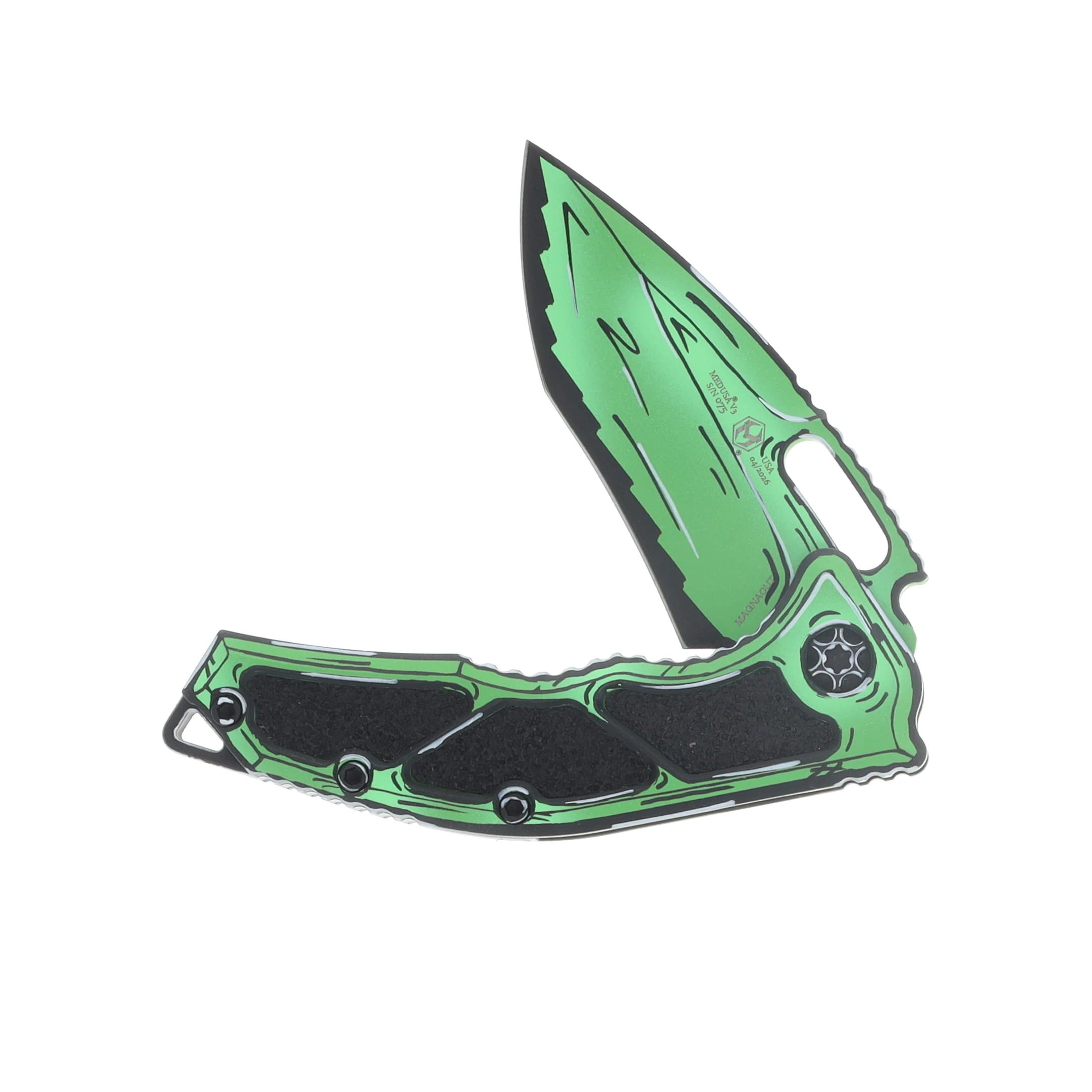 Heretic Medusa Framelock Folding Knife Blacklight Reflective Toxic Green Cel Shaded MagnaCut Recurve H010-CS-TX View 3