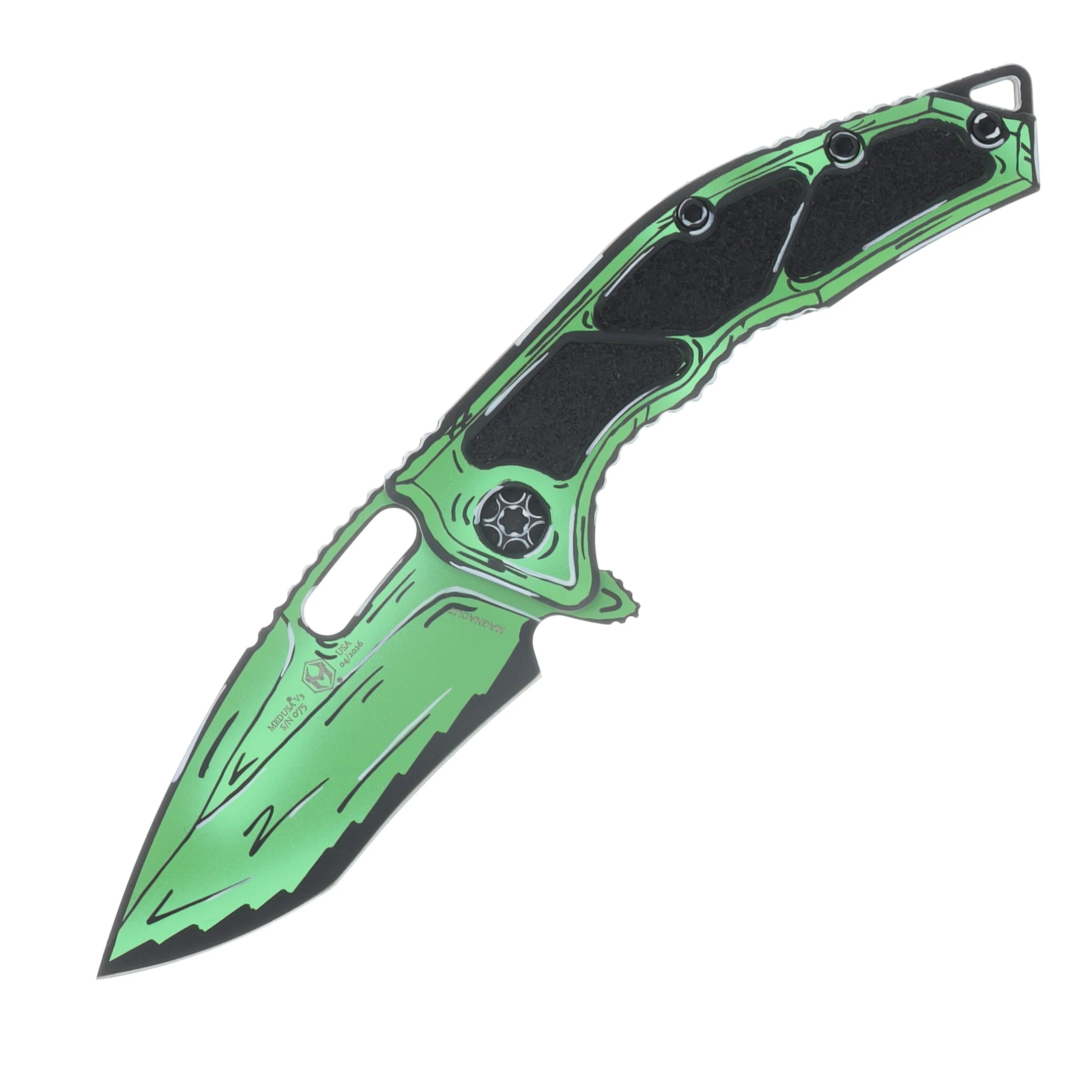 Heretic Medusa Framelock Folding Knife Blacklight Reflective Toxic Green Cel Shaded MagnaCut Recurve H010-CS-TX View 1