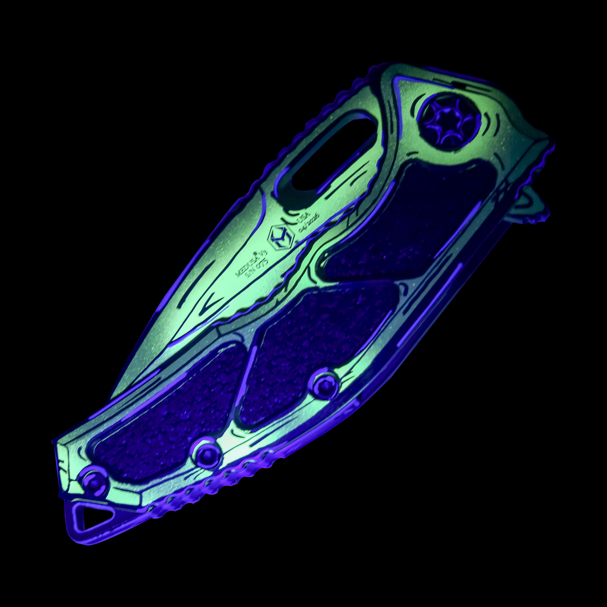 Heretic Medusa Framelock Folding Knife Blacklight Reflective Toxic Green Cel Shaded MagnaCut Recurve H010-CS-TX View 10