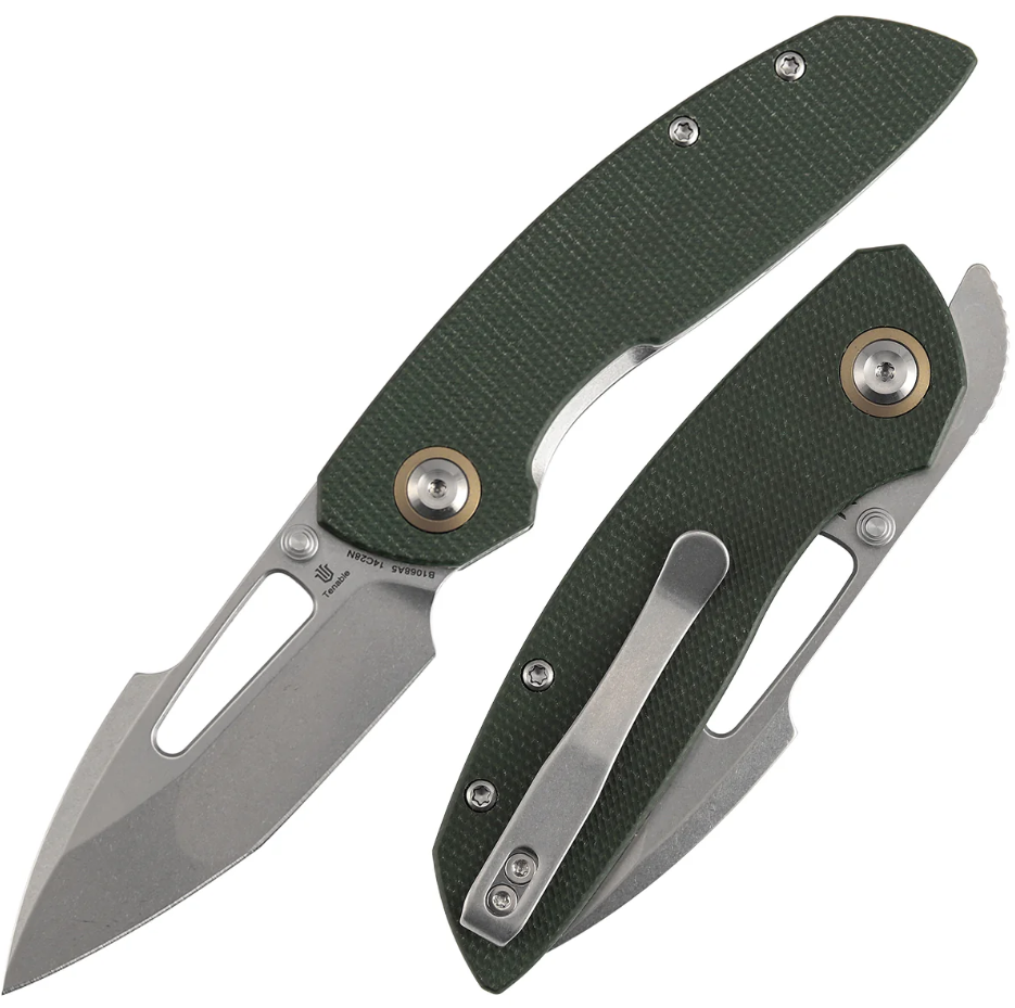 Tenable Link Linerlock Folding Knife Stonewash 14C28N/Green Micarta B1068A5 View 1