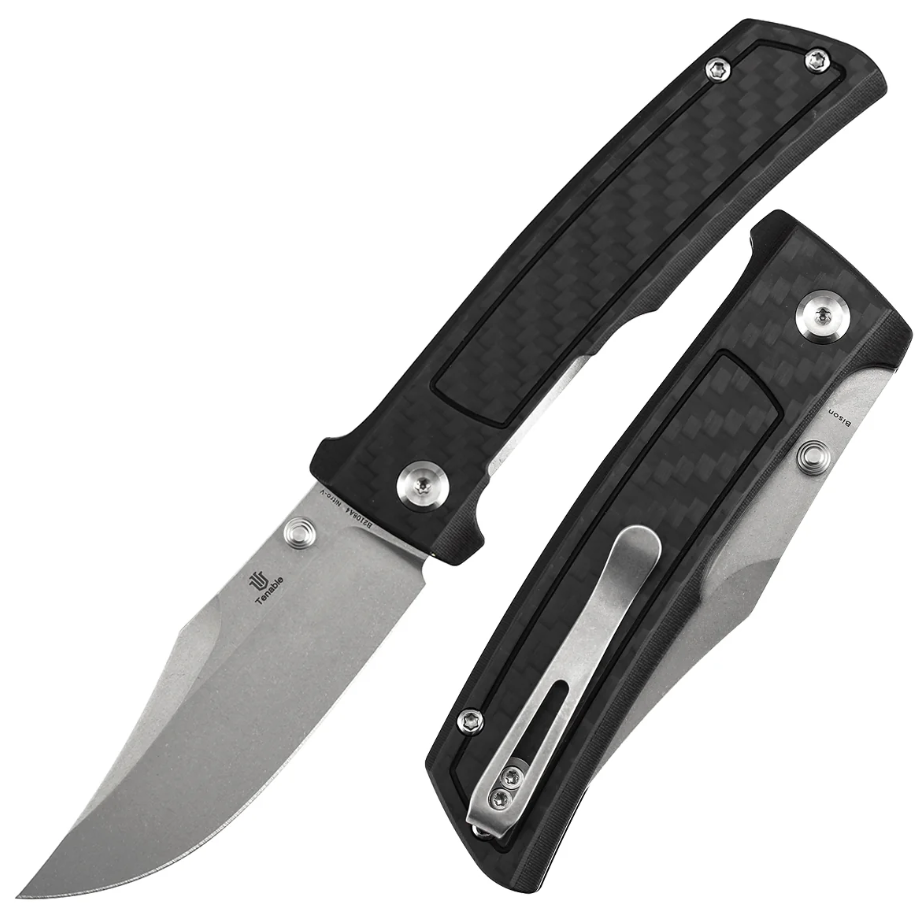 Tenable Bison Linerlock Folding Knife Stonewash Nitro-V/Twill Carbon Fiber B2108A4 View 1